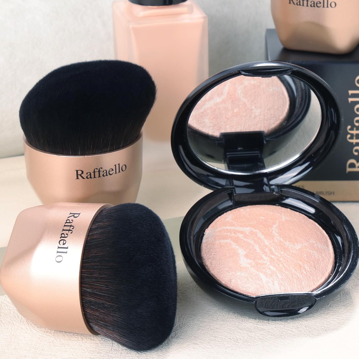 Raffaello Angled kabuki Foundation Brush: Fast, Flawless Foundation - Dense Soft Bristles for Streak-Free Liquid, Cream & Powder - Ergonomic Handle for Effortless Blending & Buffing (Champagne Gold) - Image 7