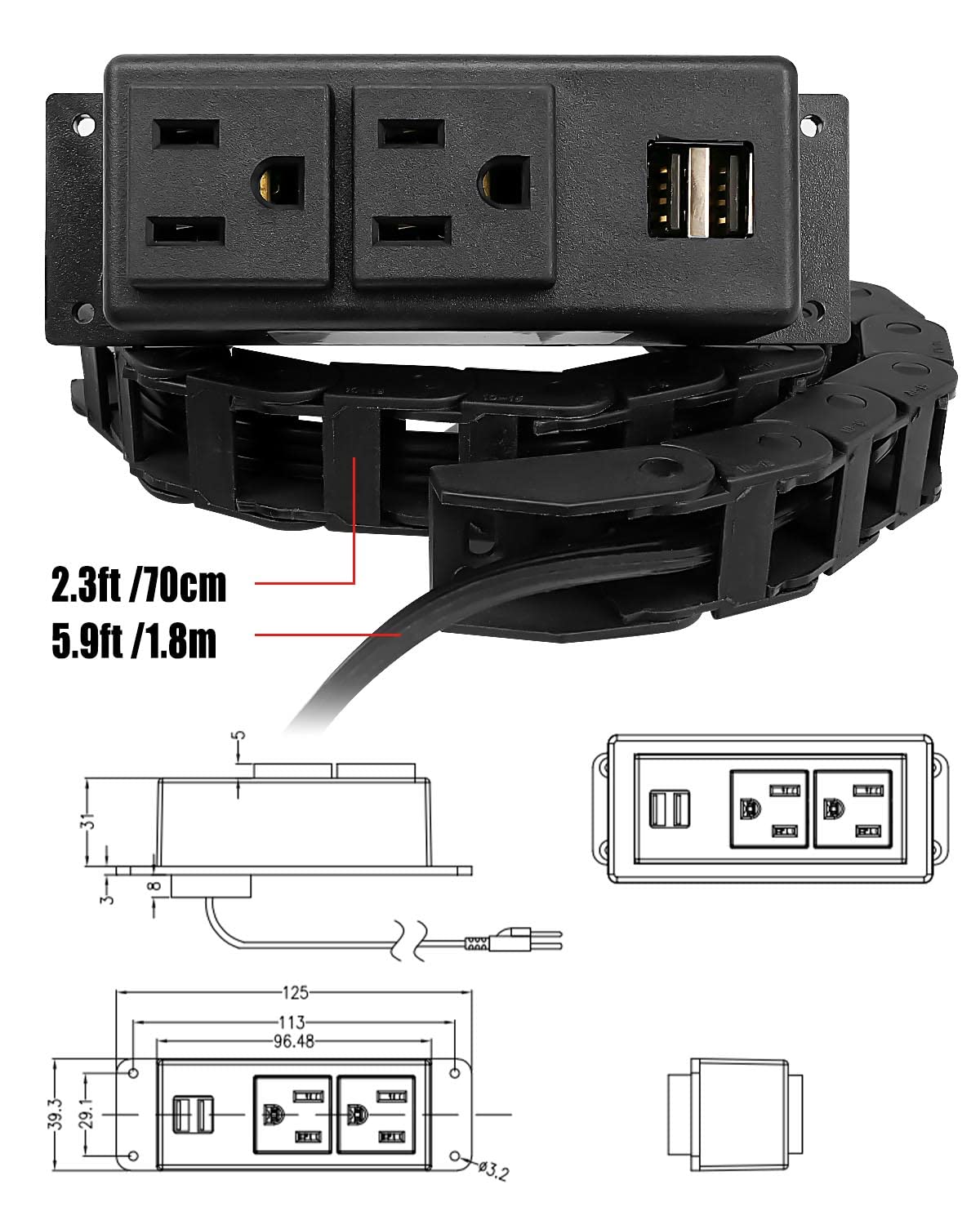 Drawer Outlet Kit 2 AC 15Amp Sockets 2 USB 5V 2A Ports Home Use - Image 3