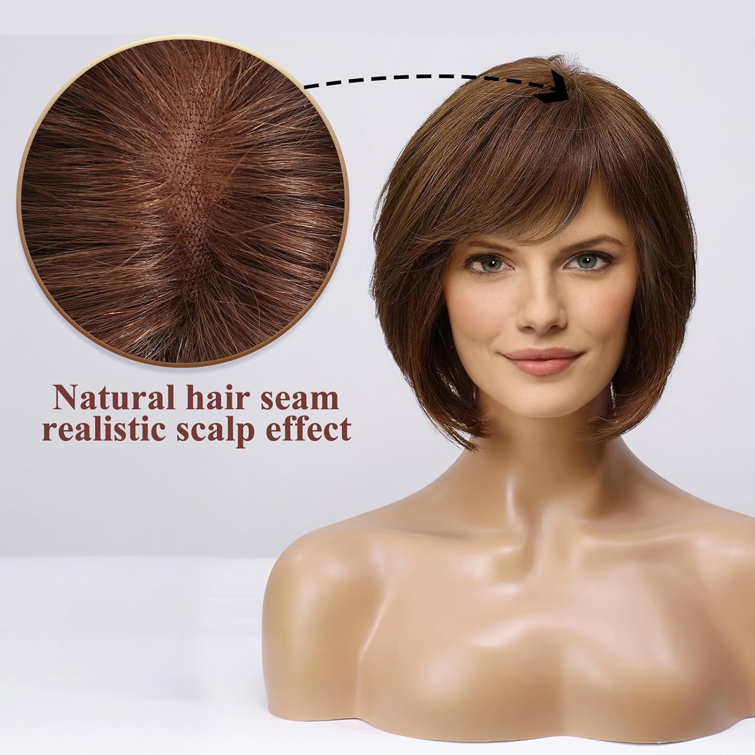 HAIRCUBE Short Brown Wig for Women Hand-Tied Lace Front Human Hair Wig Layered Bob Wig with Bangs Natural Wig for Daily Use - Image 4