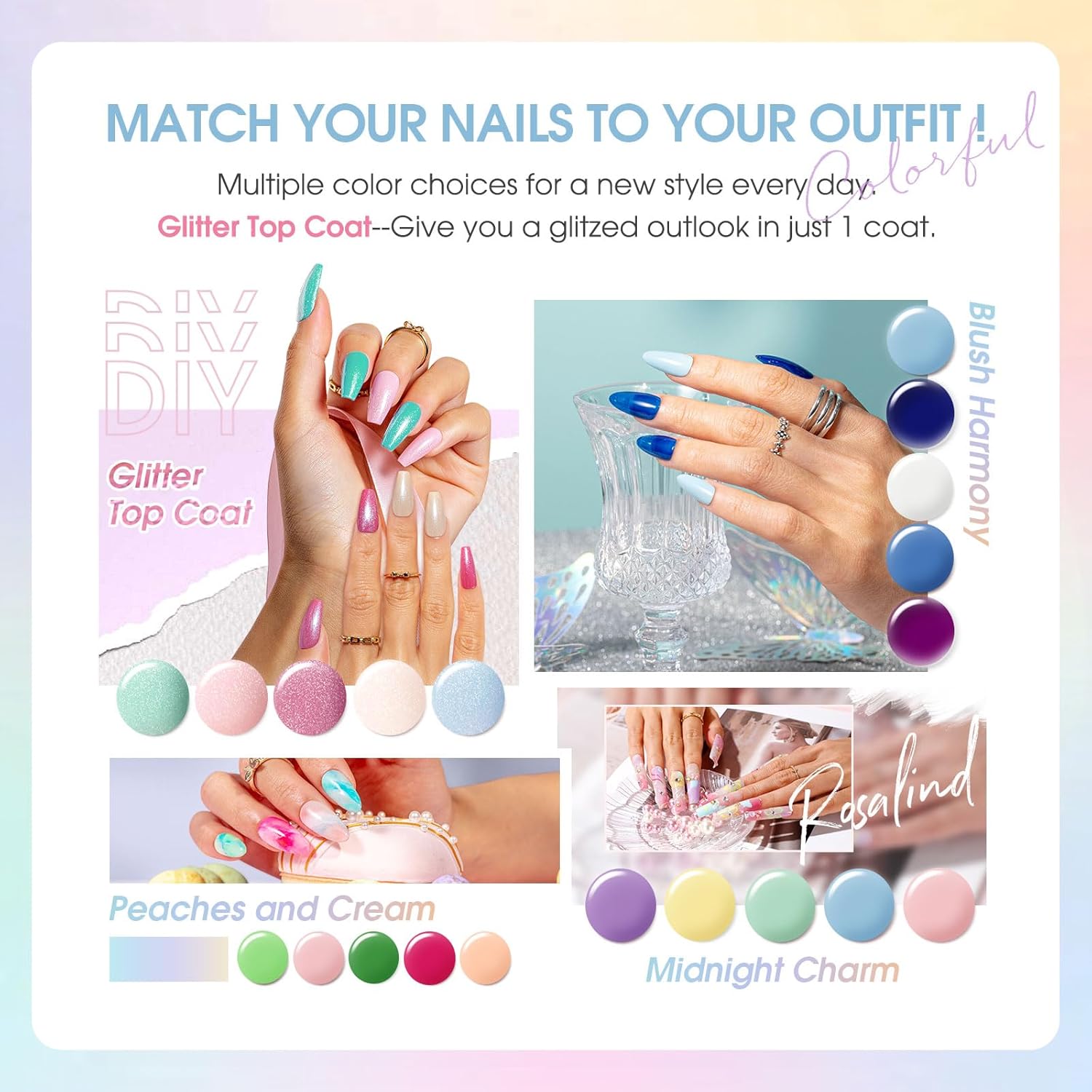 ROSALIND 30pcs Gel Nail Polish Set with Base Gel Top Coat (Glossy Matte and Glitter), 26 Neon Bright Colors Gel Polish Pastel Summer Nail Gel Polish Soak Off U V Manicure Rainbow for Women - Image 5