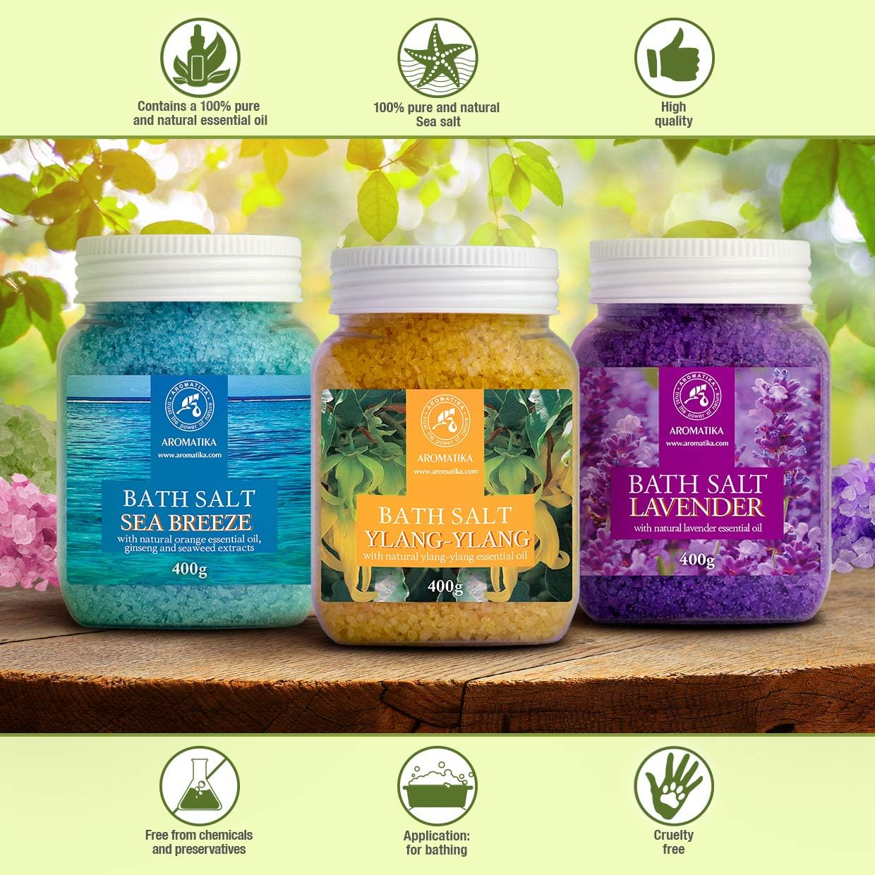 Bath Salts Set 42 Oz - Lavender - Sea Breeze - Ylang-Ylang - 100% Natural Essential Oil - Bathing - Body Care - Beauty - Relaxation - Spa - Image 2