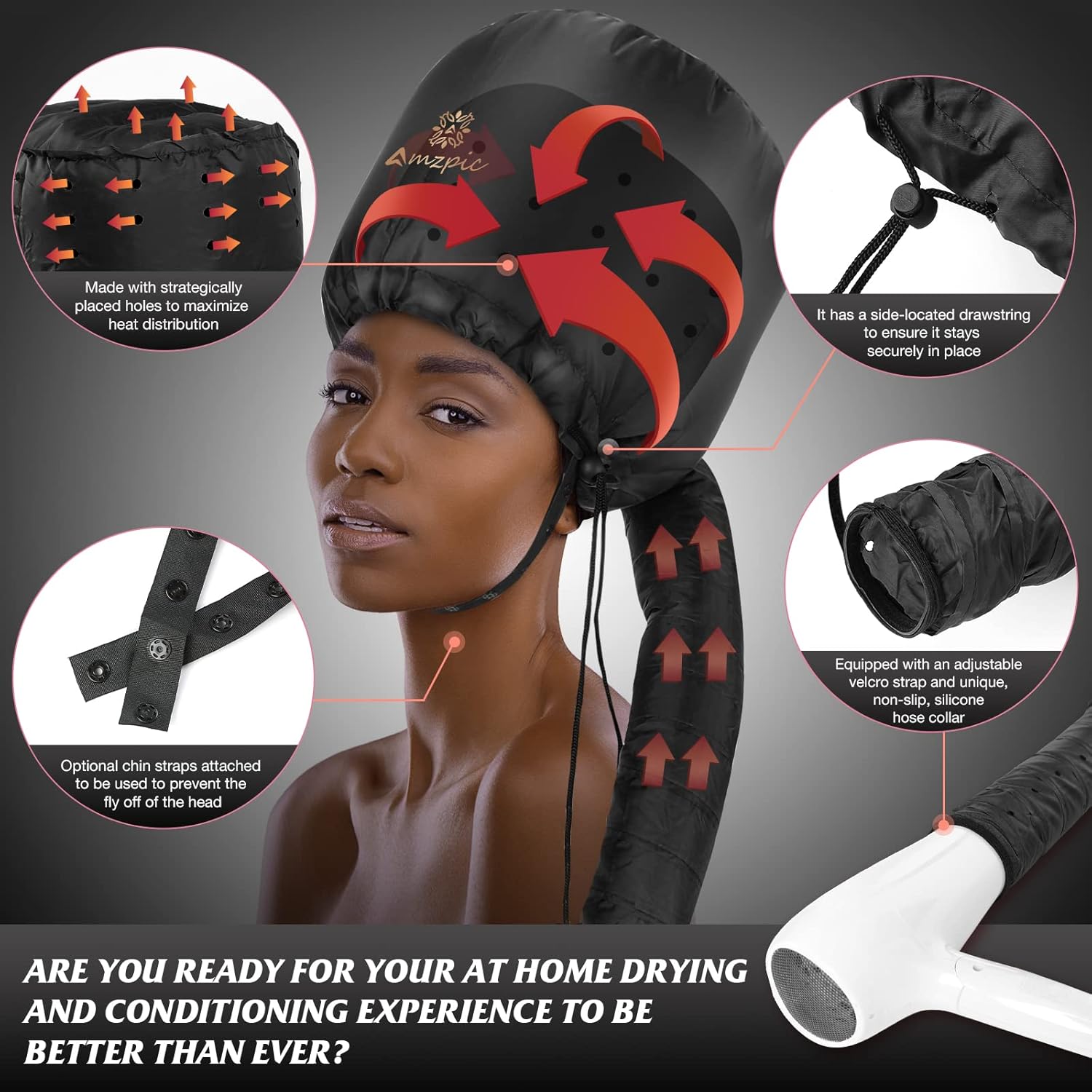 Bonnet Hood Hair Dryer Attachment - Soft, Adjustable Extra Large Bonnet Hair Dryer for Speeds Up Drying Time at Home, Easy to Use for Styling, Curling and Deep Conditioning (Black) - Image 2