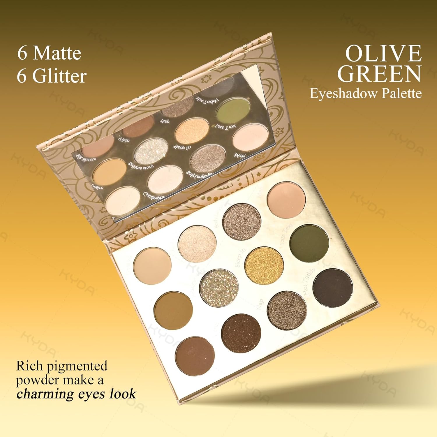 KYDA 12 Colors Olive Green Eyeshadow Palette, Sparkling Reflective Green Bronzer Eyeshadow, Matte Olive Ginger Nude Eyes Shadow, Smooth Blendable Powder, Smokey Eyes Makeup - Image 2