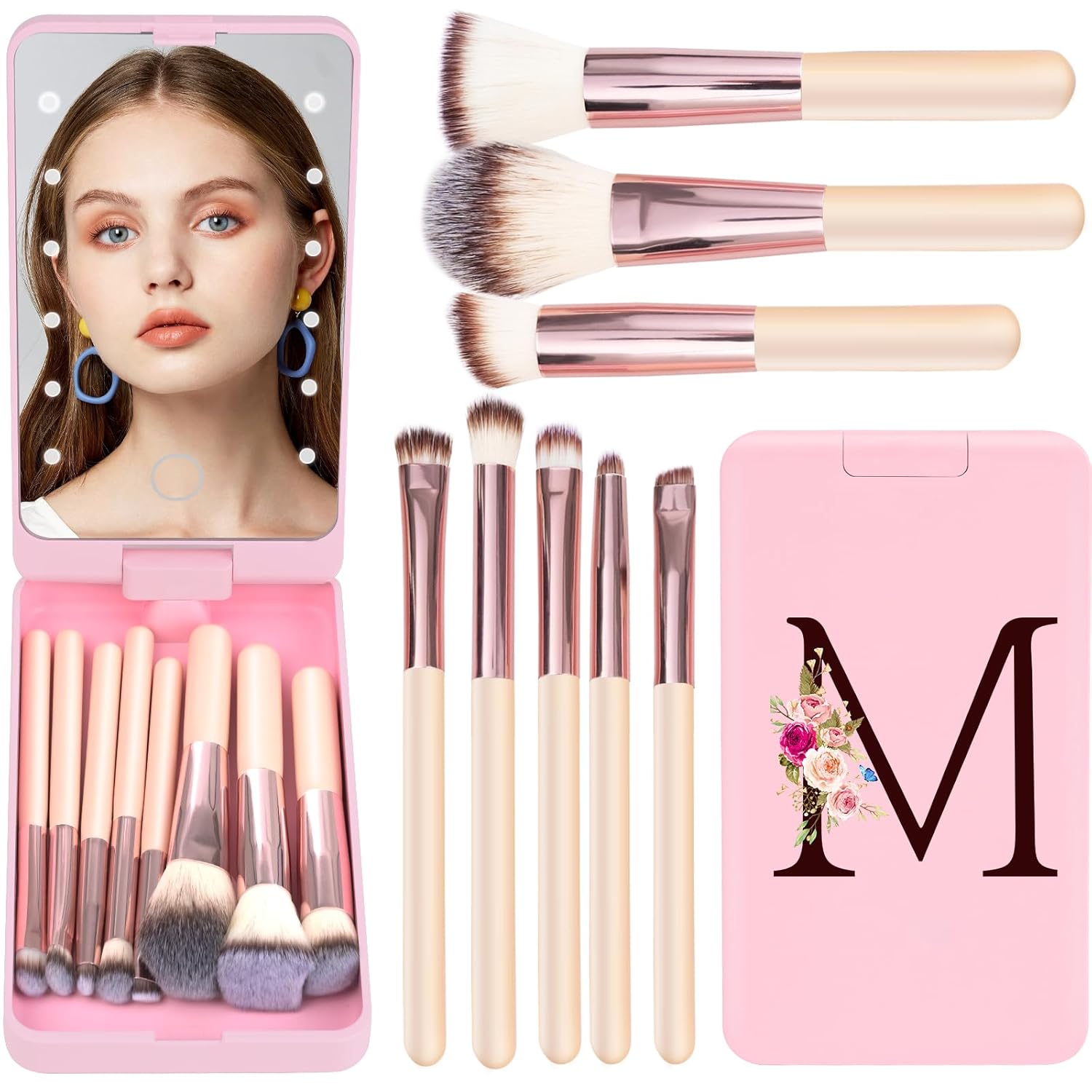 Mini 8-Piece Travel Makeup Brush Set with LED Light Mirror, Personalized Monogrammed Brush Teen Girls, Stylish and Compact Travel Essentials(PINK-M)