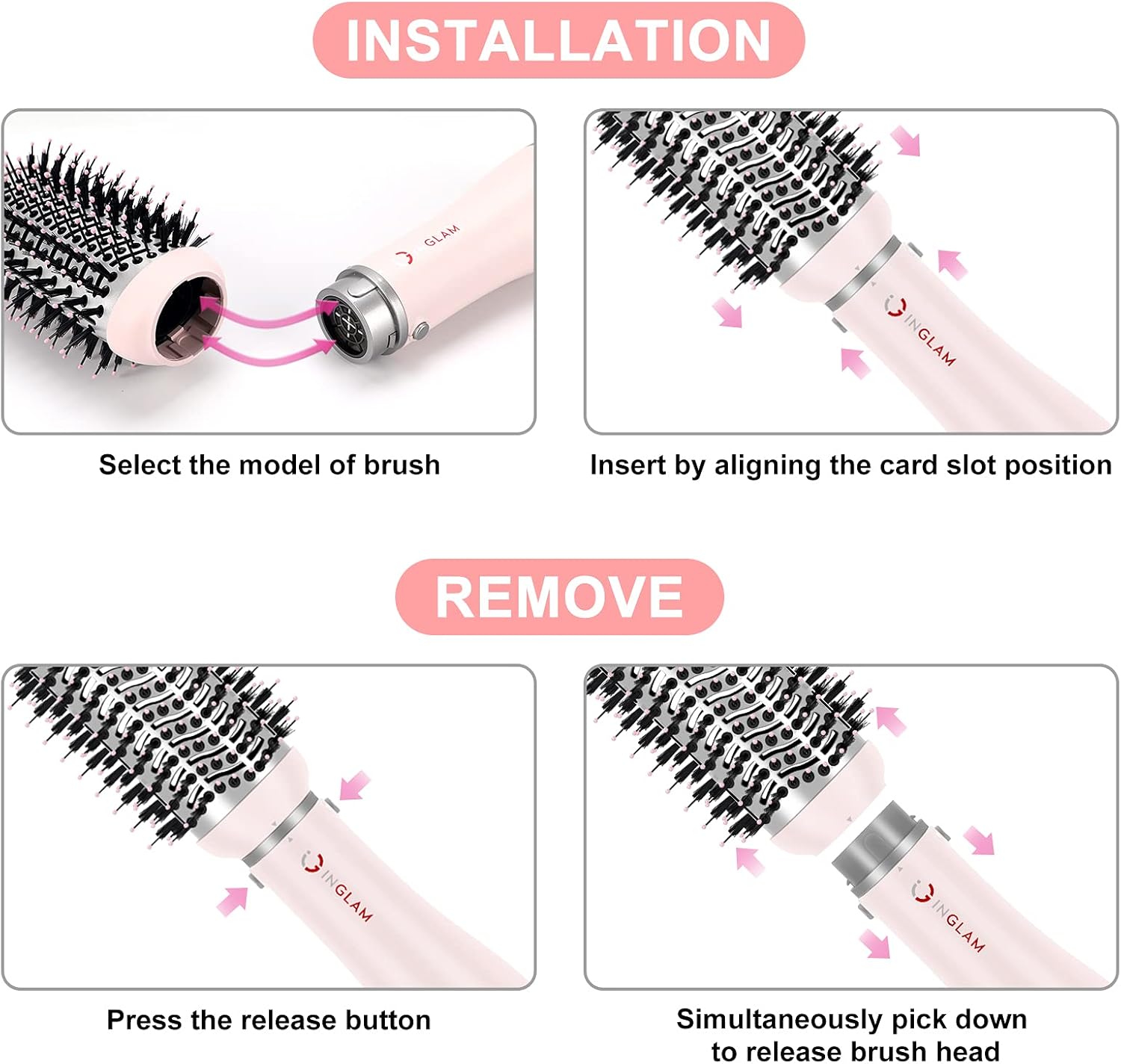 IG INGLAM 4 in 1 Blowout Hair Dryer Brush Set - Negative Ion Detachable Hair Dryer, Volumizer Styler with 2 Brush Heads, Pink - Image 3