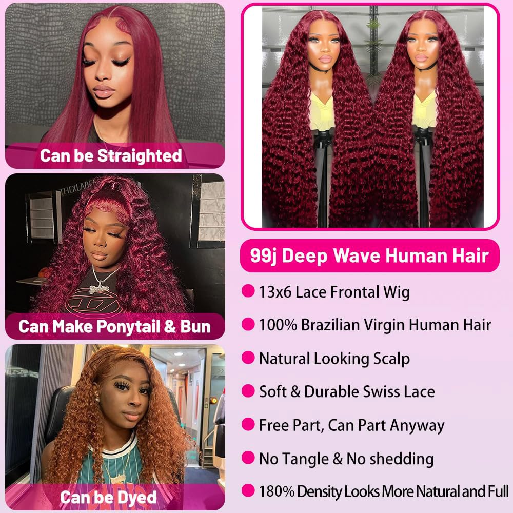 Burgundy Lace Front Wigs Human Hair 13x6 Deep Wave Lace Front Wigs Human Hair 180 Density Red Colored Wigs Human Hair for Black Women 99j Curly Lace Frontal Wigs (30 Inch) - Image 4
