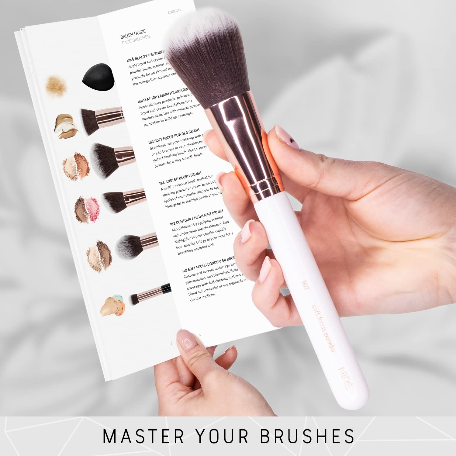 Niré Beauty White 15piece Award Winning Professional Makeup Brush Set: Vegan Makeup Brushes with Case, Makeup Sponge, Cleaner, Guide, Gift Box - Image 4