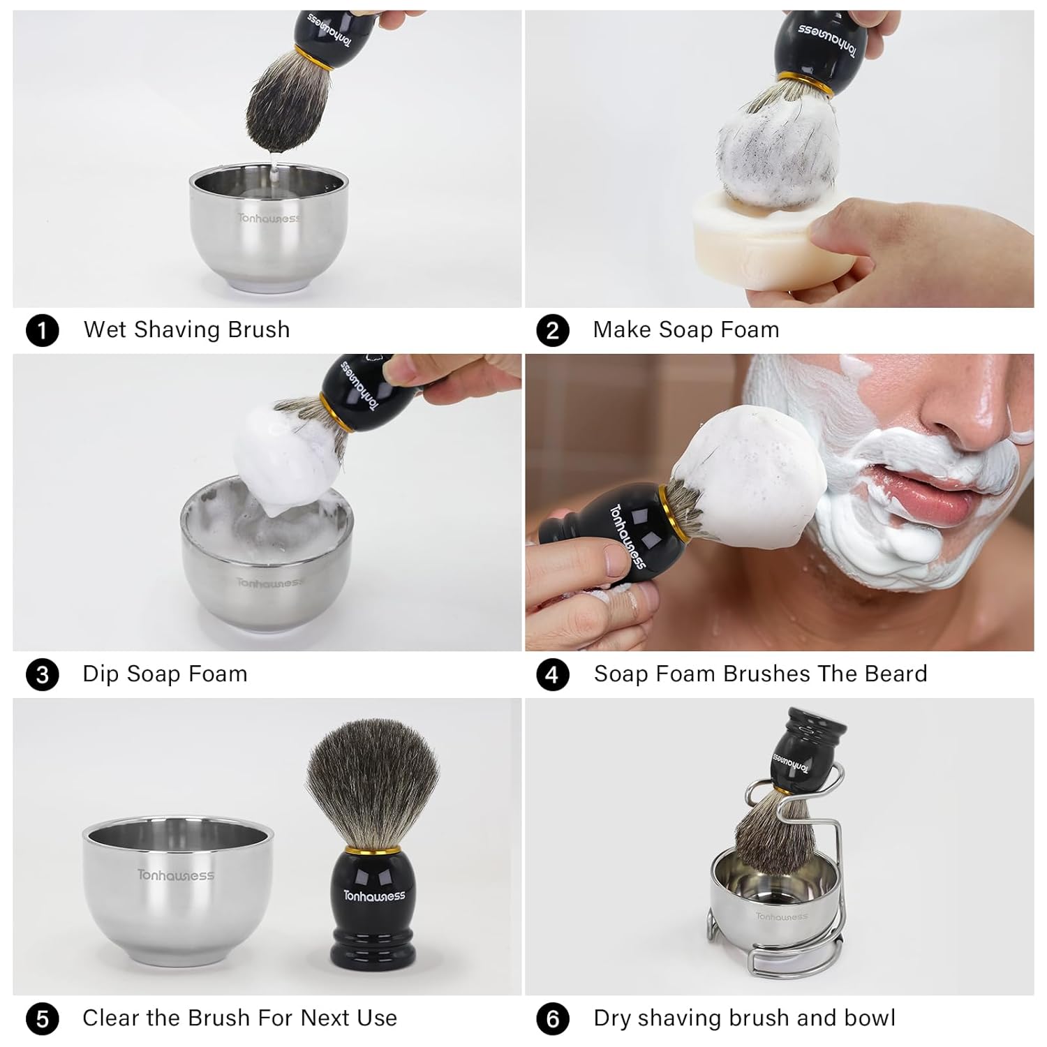 Men's 4-in-1 Badger Hair Shaving Brush Set with Bowl and Stand - Image 6