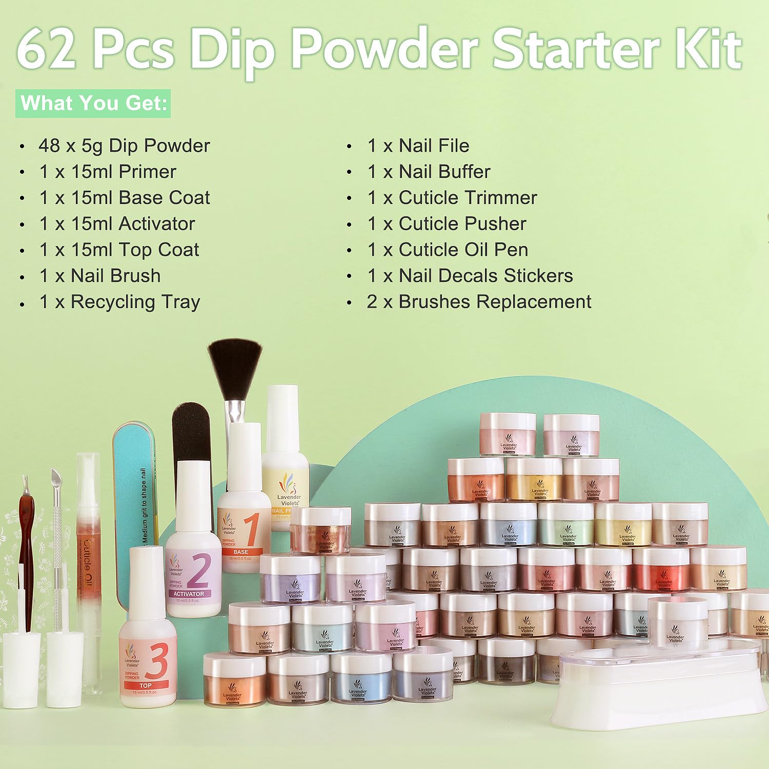 Lavender Violets 62 Pcs Dip Powder Nail Kit Starter, 48 Colors Nude Pink Brown Red Green Blue Purple Glitter with Dip Powder Liquid Set and Essential Manicure Tools for Nail Art Designs G902 - Image 6
