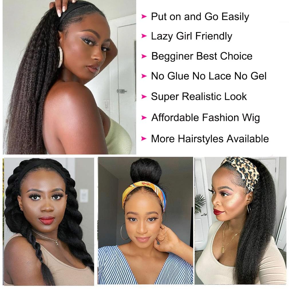 TNICE Kinky Straight Headband Wig Human Hair 18 Inch Headband Wigs for Black Women Glueless None Lace Front Yaki Straight Human Hair Headband Wig Brazilian Virgin Hair Wigs Natural Black 180% Density - Image 5