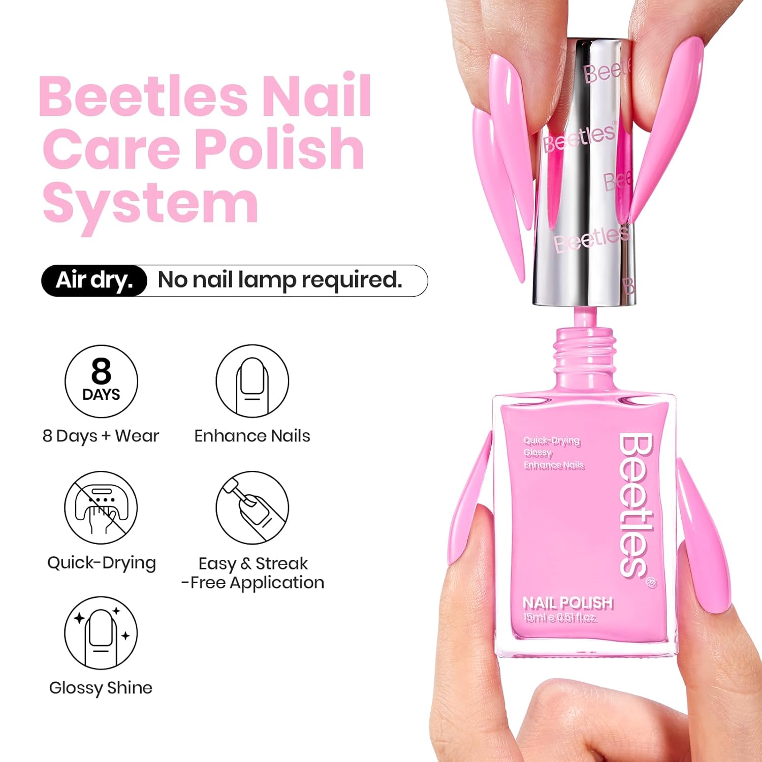 Beetles Pink Nail Polish 1Pcs 15ml Hot Pink Color: Quick Drying & Long Lasting Bonbon Candy Nail Lacquer Art Effect for Salon-Quality Results Nail Art Design Gift for Women - Image 2