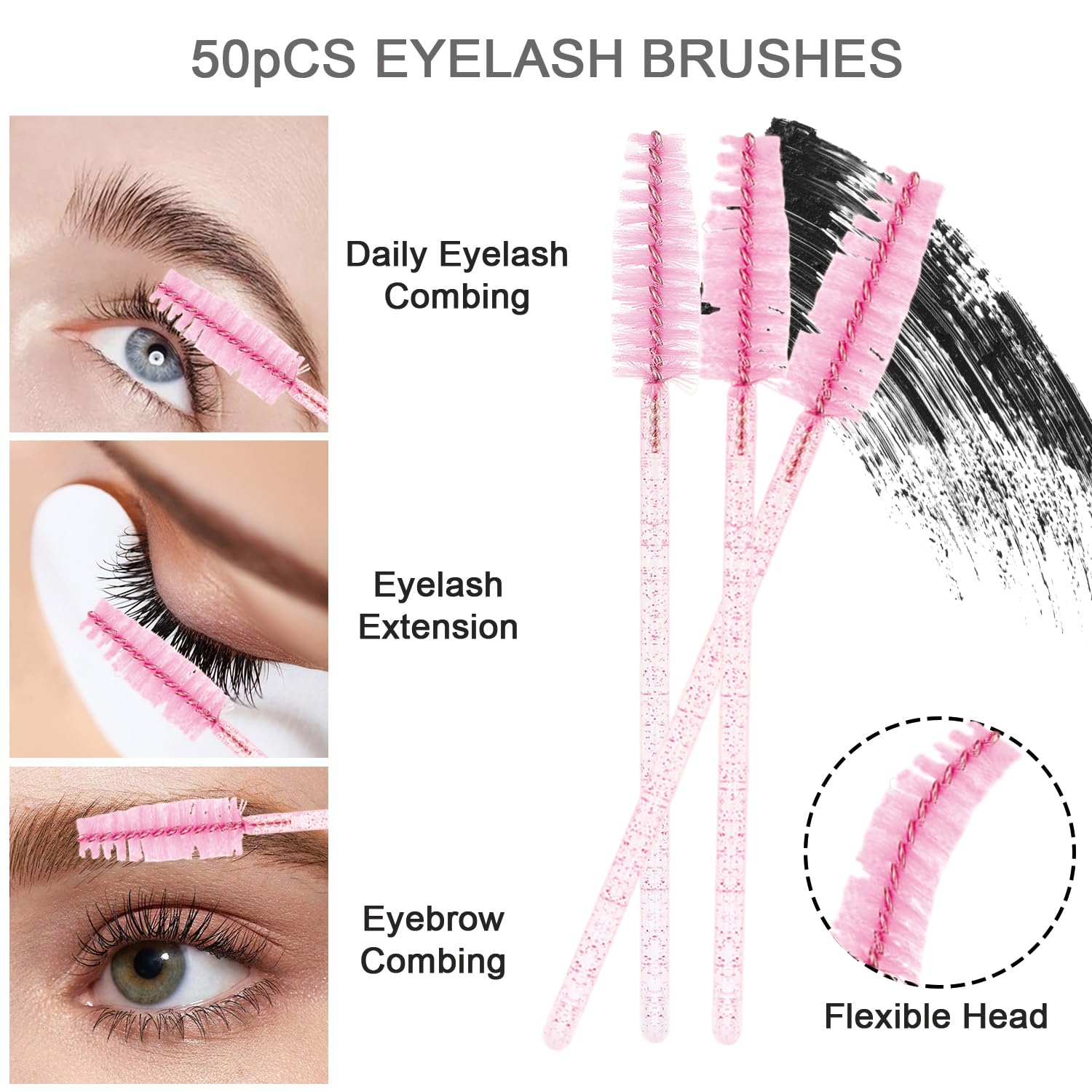 200Pcs Eyelash Extension Kit, Lash Spoolies Extension Supplies Eyebrow Brush Mascara Wands Lip Brushes Applicators Disposable Micro Swab Brushes for Lash Extensions Brow Lamination Kit, Crystal Pink - Image 3
