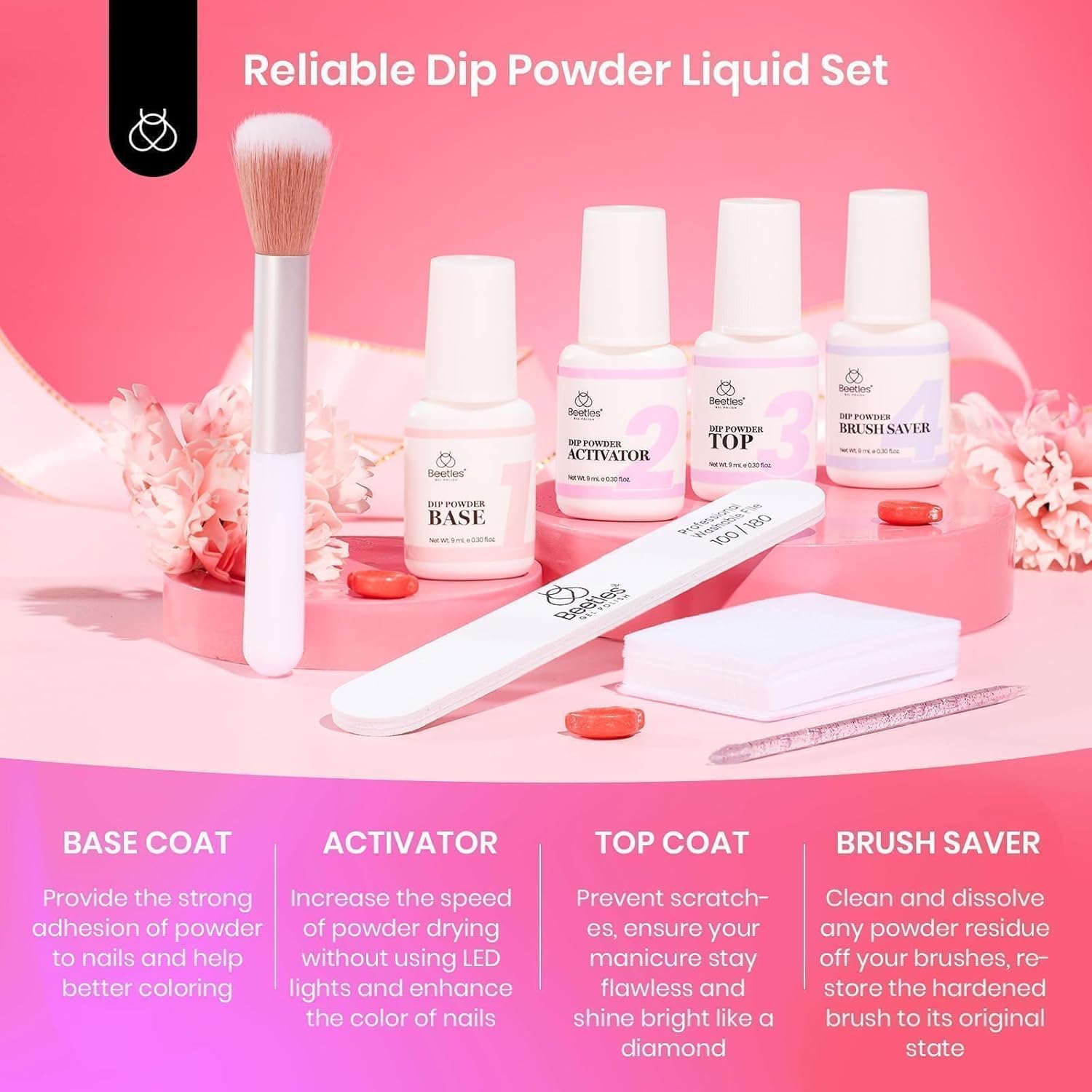 Beetles Dip Powder Nail Kit 36pcs 20 Colors Nude Hot Pink Red Glitter White Dip Nails Powder Starter Kit with Base Top Coat Activator Cuticle Oil Nail Set for Women Alluring Sweetie Collection - Image 5
