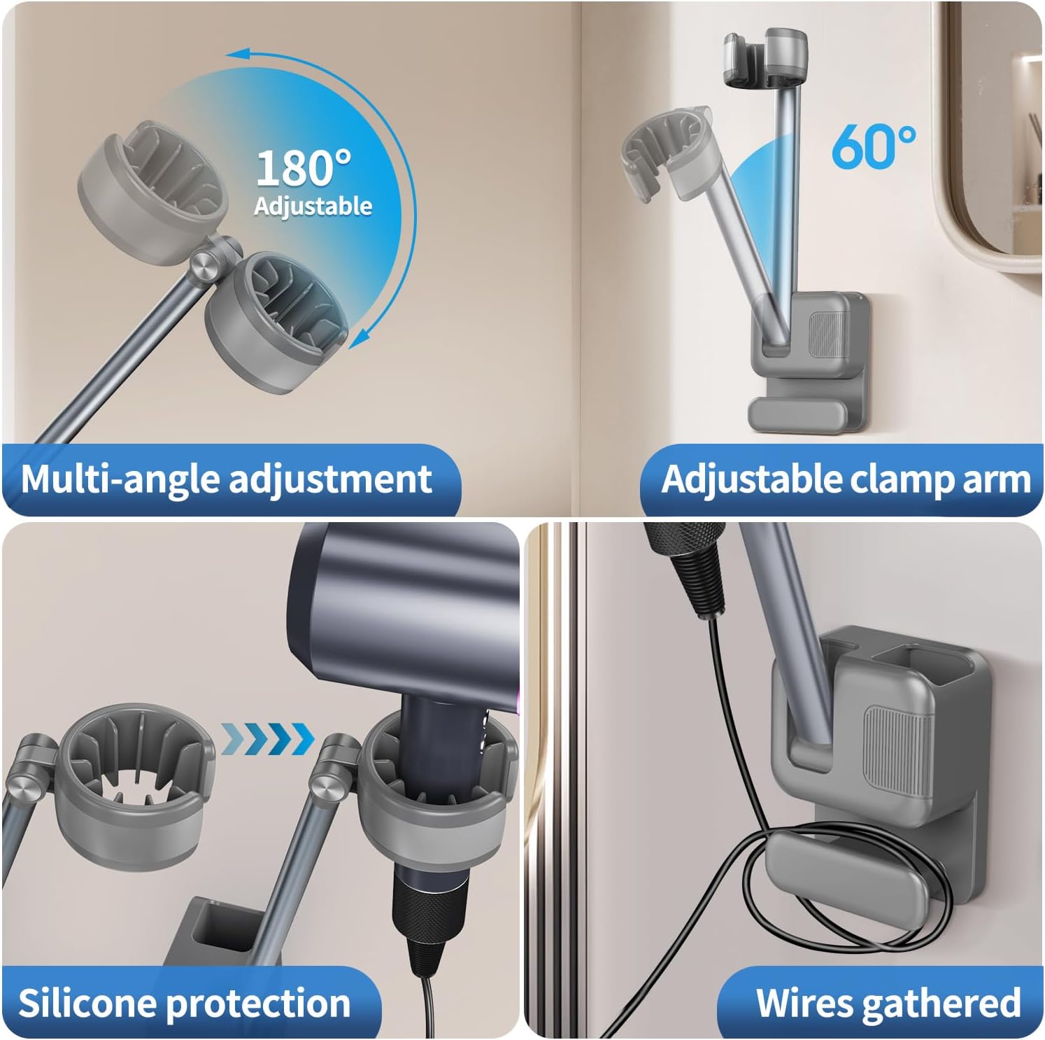 Hands Free Hair Dryer Holder Wall Mount, Adjustable Bathroom Blower Dryer Holder Wall Mounted Hook Rack, Vanity Cabinet Door Hanger Storage, Suitable for Most Walls, Hair Dryers, with Cord Organizer - Image 3