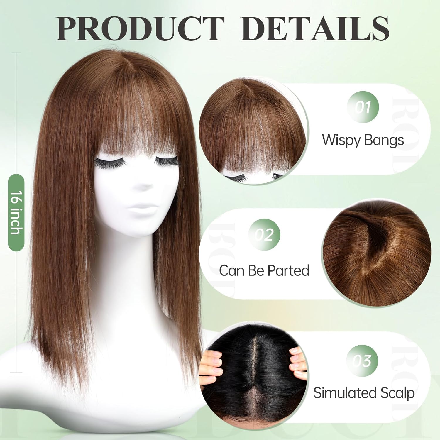 Starluck 16 inch Women's Honey Brown Real Human Hair Toppers with Bangs - 9*9 Large Base, Adds Volume, Covers Grey Hair Roots - Image 2