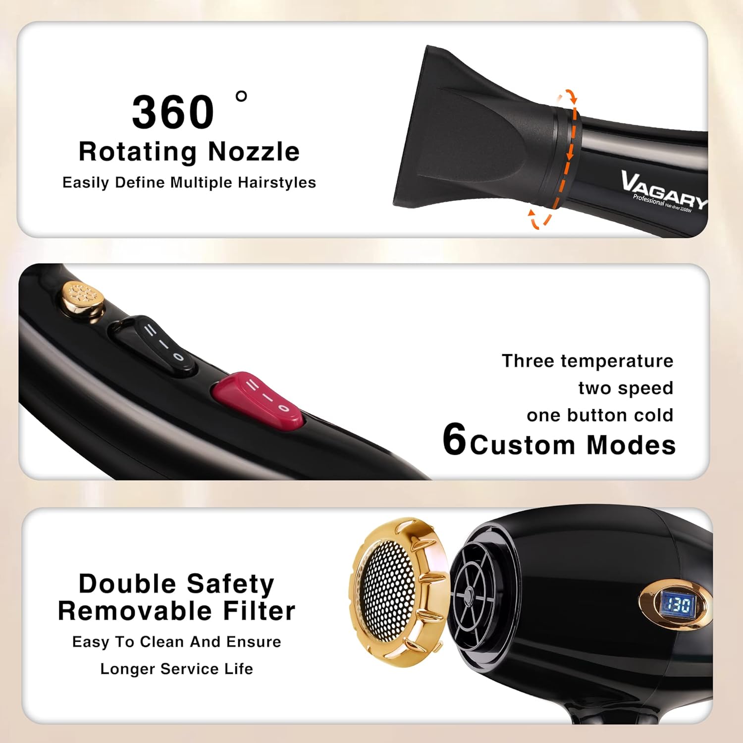 VAGARY 6685G Professional Salon Hair Dryer 2200w with Icd Display,Negative Ionic Blow Dryer,Powerful AC Motor Blow Dryer,Low Noise Hair Dryers,2 Speeds and 2 Heat Settings 1 Cool Shot Button - Image 4