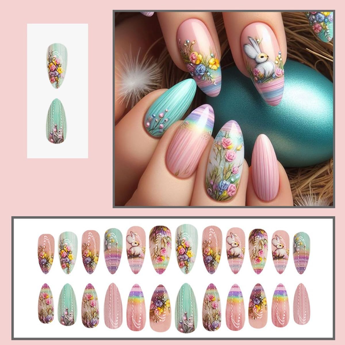 Almond Press on Nails Medium Length Fake Nails Easter Acrylic Nails with Cute Bunny Designs Colorful Flower Stick on Nails Artificial False Nails Glue on Nails for Women Girls 24Pcs - Image 2
