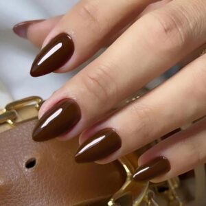 Morily Press on Nails Almond, Dark Brown Short Fake Nails with Designs Reusable Acrylic False Nails Glossy Full Cover Stick on Nails for Women