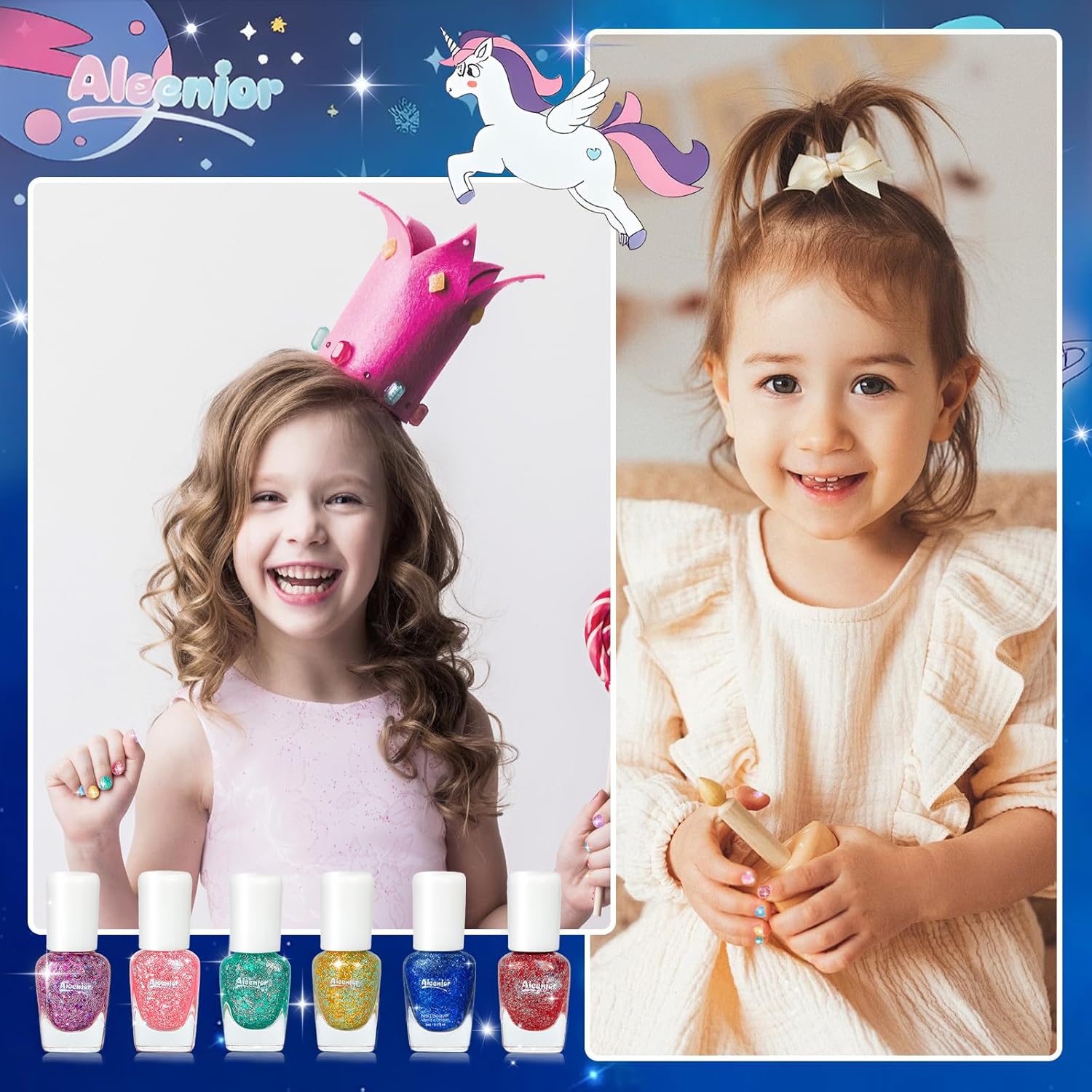 Quick Dry Kids Nail Polish Set, Glitter Non-Toxic Fingernail Polish for Toddler, Water-Based Peelable Nail Polish for Kids, 6 Color Rainbow for Kid Ages 3+ - Image 7