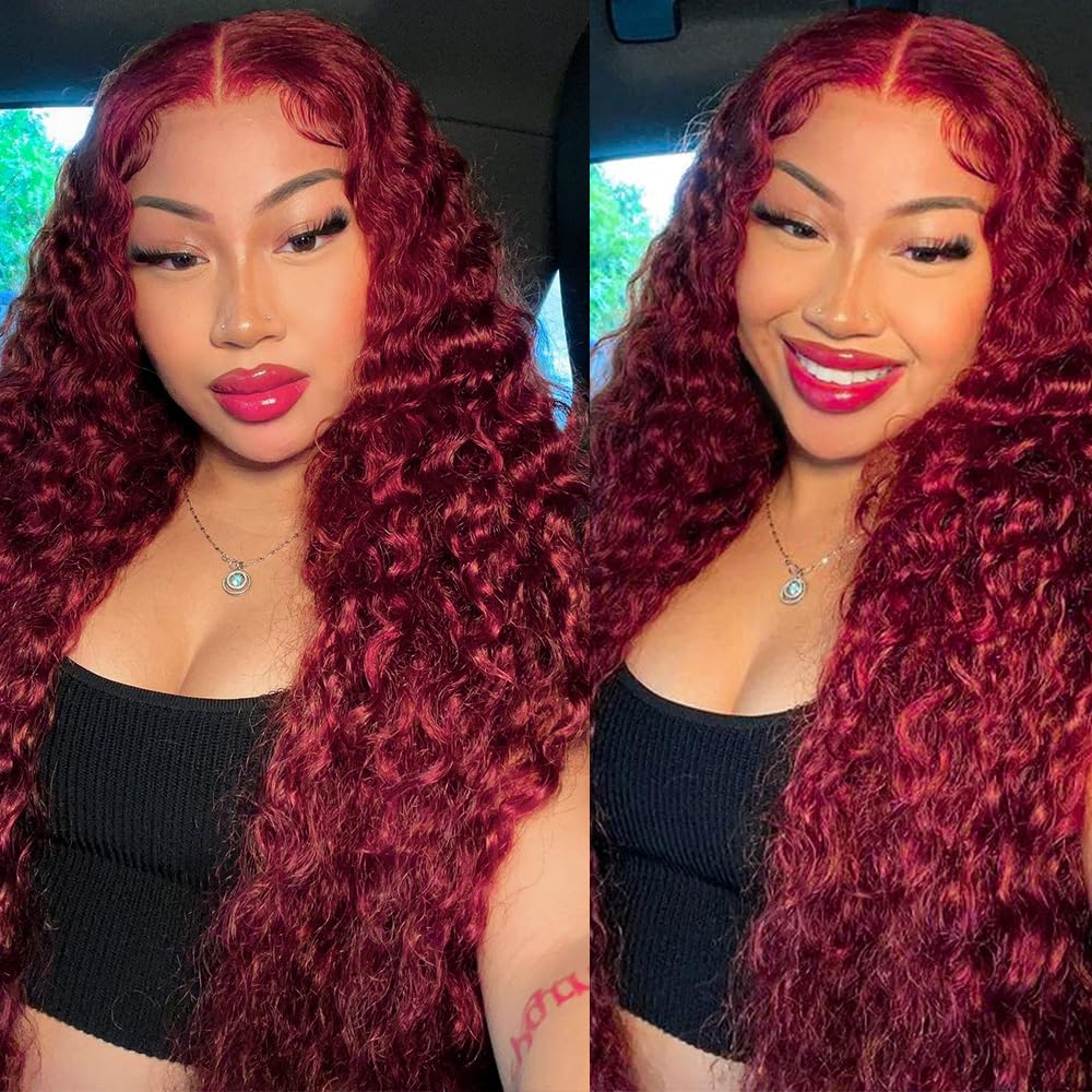 Burgundy 99J Deep Wave Human Hair Lace Front Wig 26 Inch 200 Density - Image 3