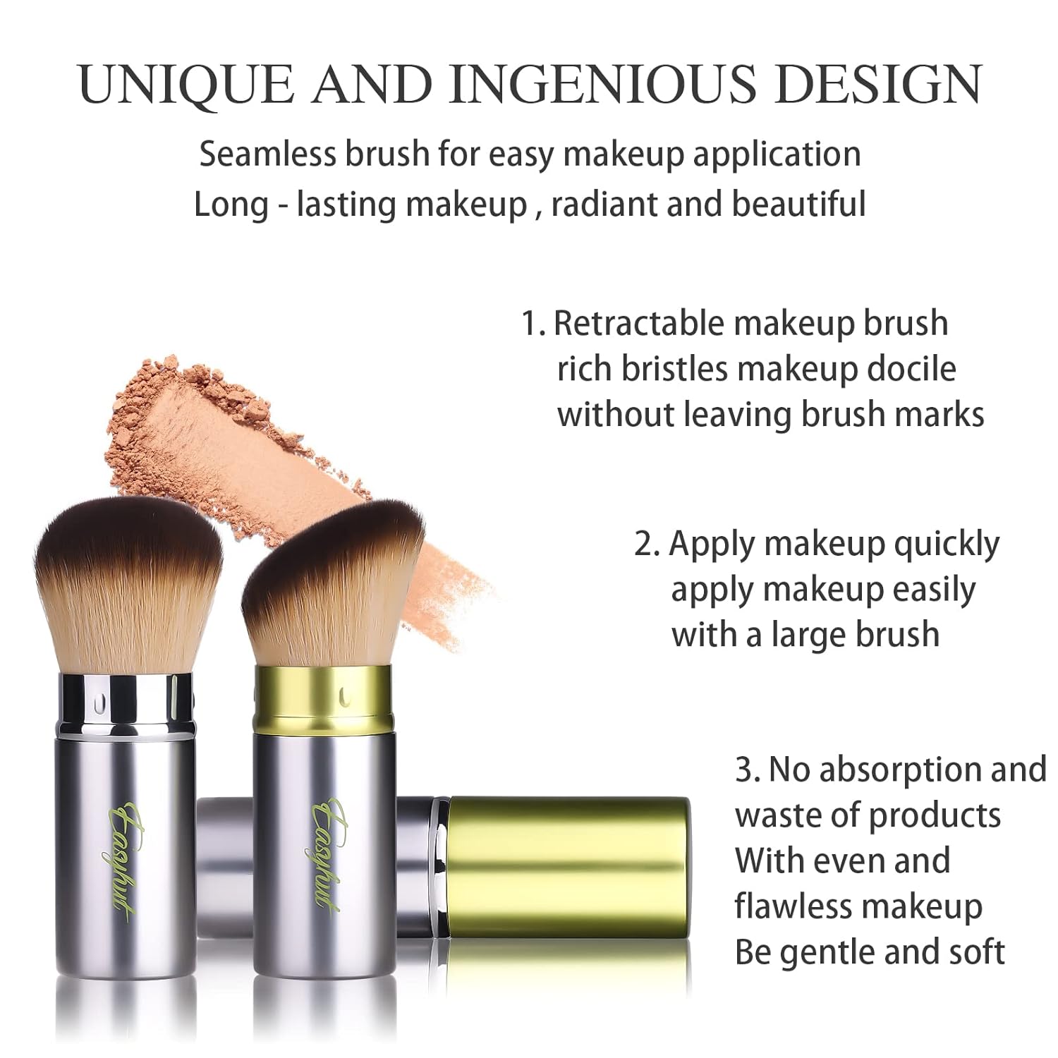 Retractable Kabuki Makeup Brushes 2 Pcs Blush Brushes Set Portable Powder Brushes with Flat and Angled Top for Liquid Cream Cosmetics Travel. (Silver Green) - Image 2
