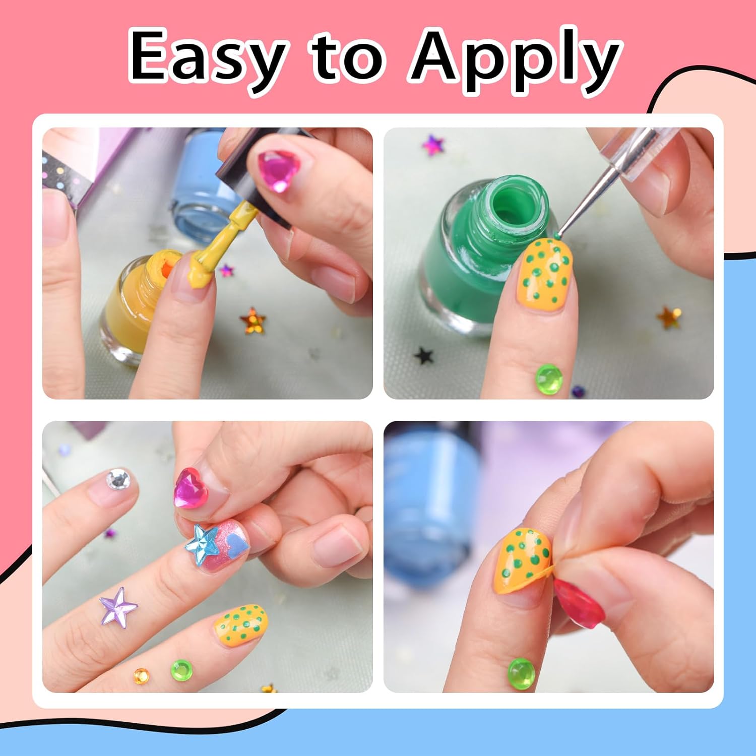Kids Nail Polish for Girls with Gems Stickers, Non-Toxic Peel-Off Quick Dry Mini Nail Polish 9 Colors Set for Ages 3+ - Image 5