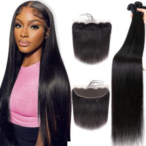 12A Straight Bundles with Frontal Human Hair 20 22 24+18 Inch Brazilian Human Hair Bundles with Frontal 100% Unprocessed Virgin Weave Hair with 13x4 HD Lace Closure