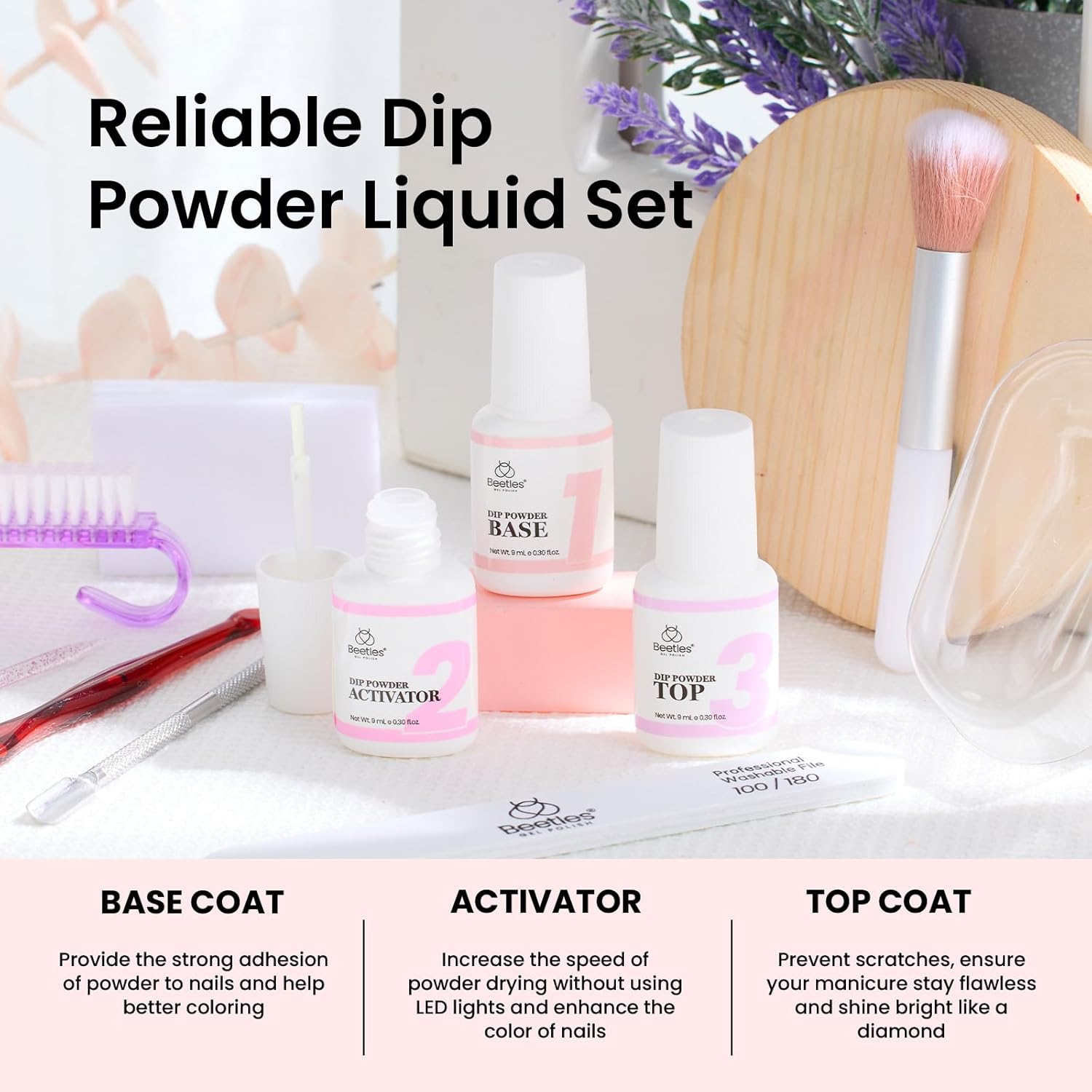 Beetles Dip Powder Nail Kit Nude Clear Dip Nails Powder Starter Kit with Base Top Coat Activator Powder Nail Dipping Kit for French Nail Art Manicure DIY Salon - Image 6
