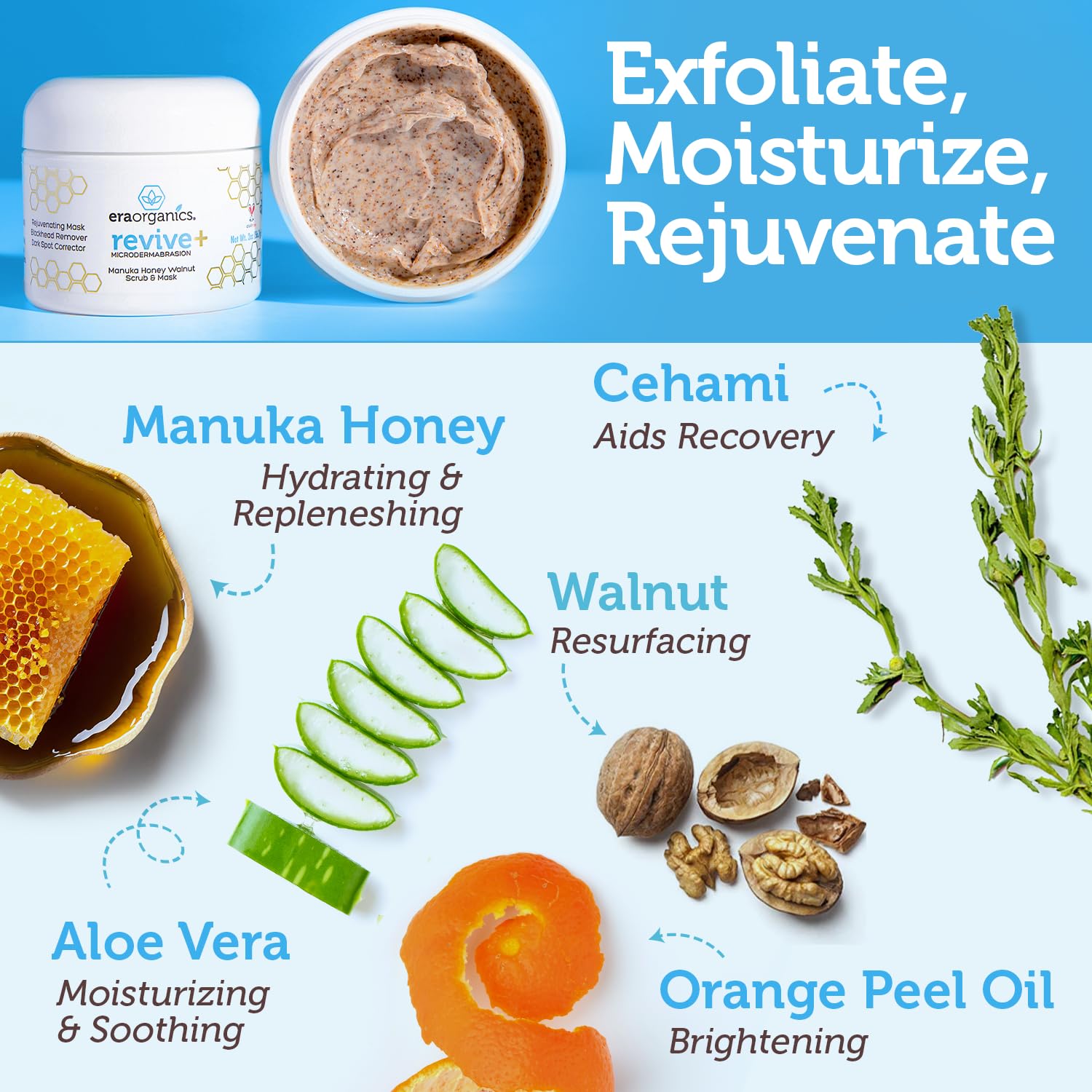 Era Organics Microdermabrasion Facial Scrub & Face Exfoliator - Spa Quality Exfoliating Mask with Manuka Honey Plus Walnut for Blackheads, Buildup, Wrinkles 4oz - Image 2