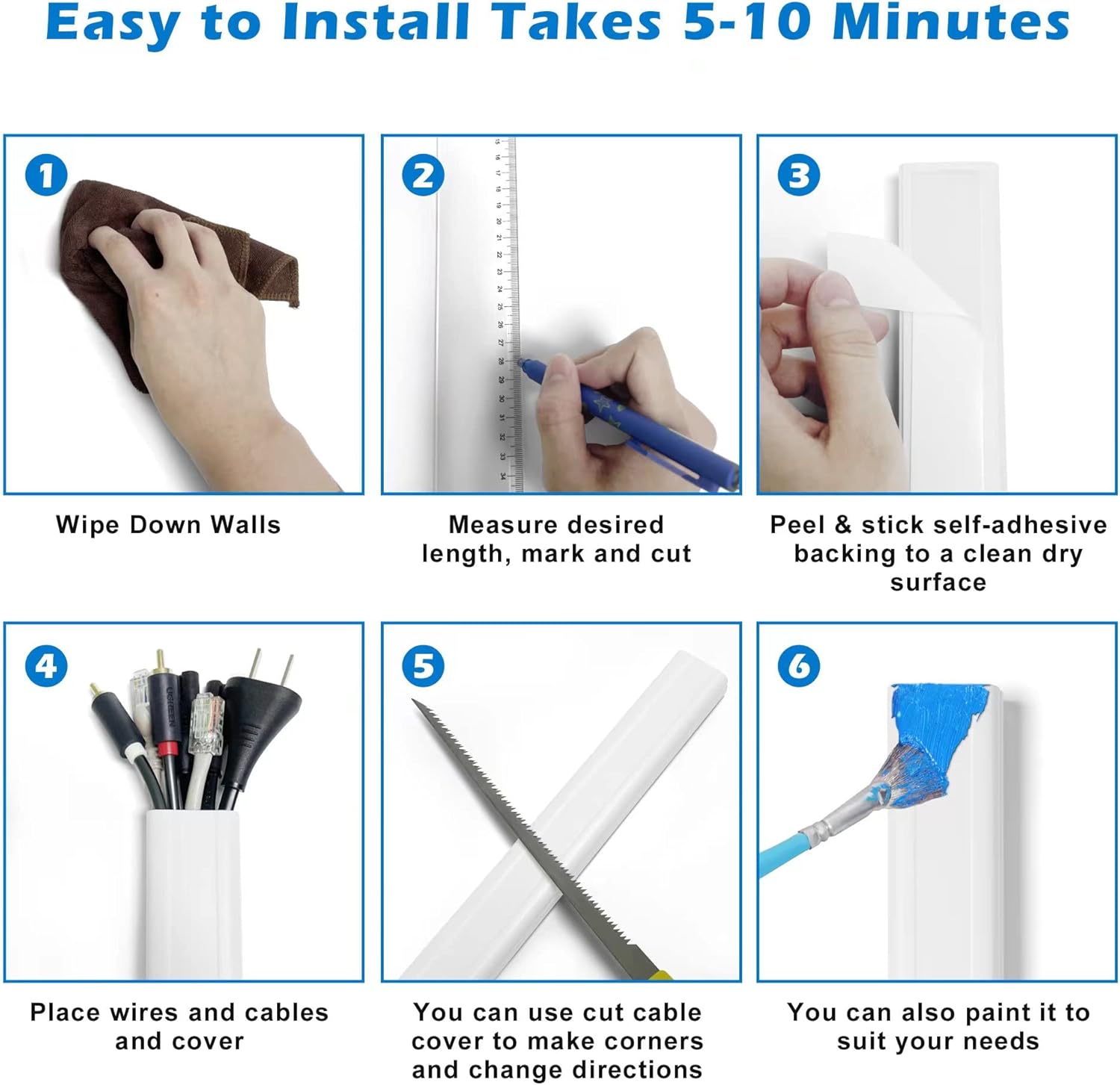 TV Cord Hider - 39in(3xL13in) Cord Covers for Wall Mounted TV Cable Hider Wall Kit | Wire Hiders for TV on Wall, Wire Covers for Cords, Cable Concealer Hide Cords, 1.5" W x 0.75" H, White - Image 7