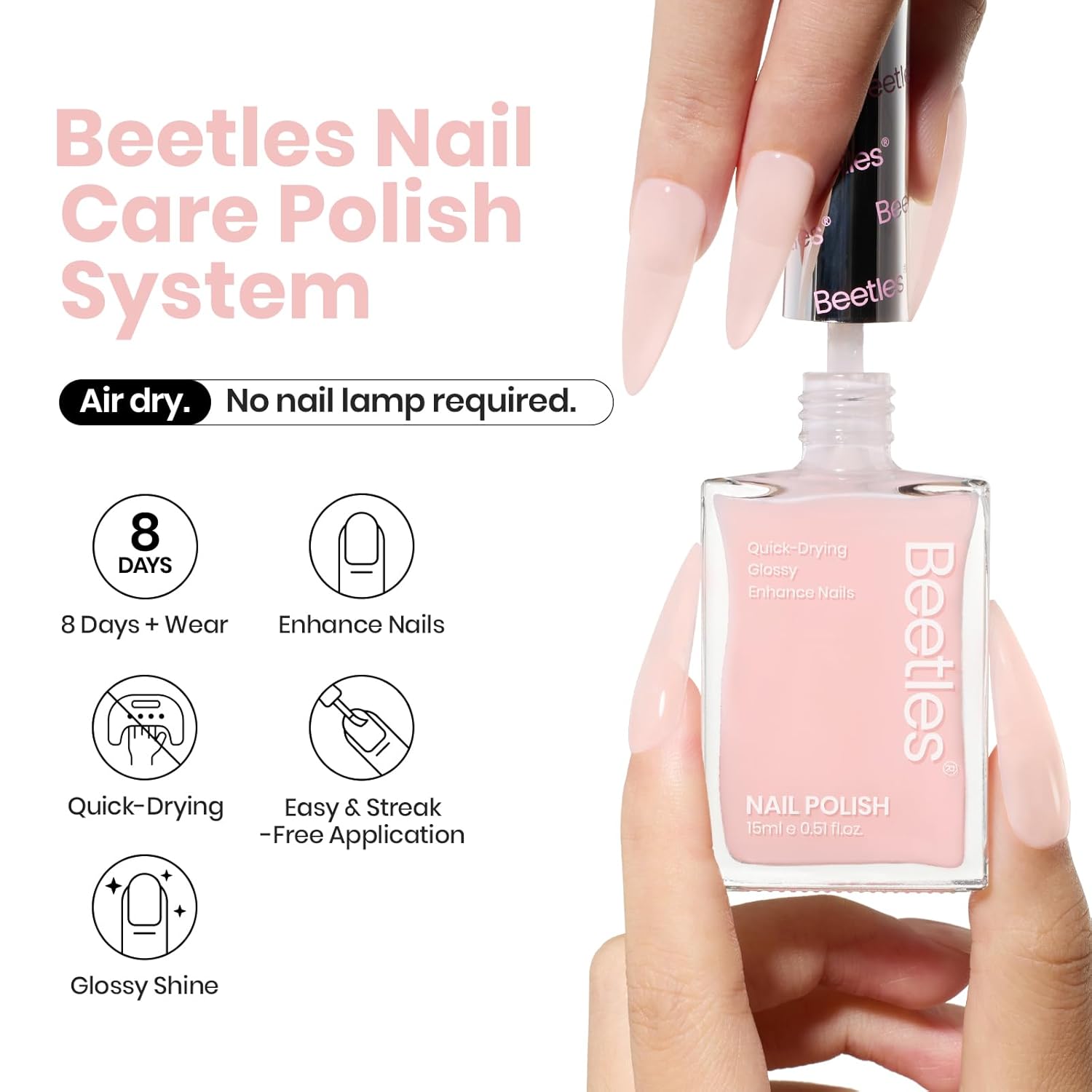Beetles Nail Polish - Light Pink Natural Nail Polish Natural Nail Concealer Fast Dry Quick Nail Strengthener and Growth Treatment for Thin and Damaged Nails,0.51 FL OZ - Image 2