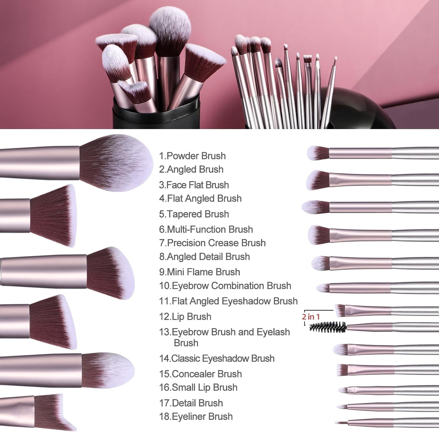 BS-MALL Makeup Brush Set 18 Pcs Premium Synthetic Foundation Powder Concealers Eye shadows Blush Makeup Brushes with black case - Image 2
