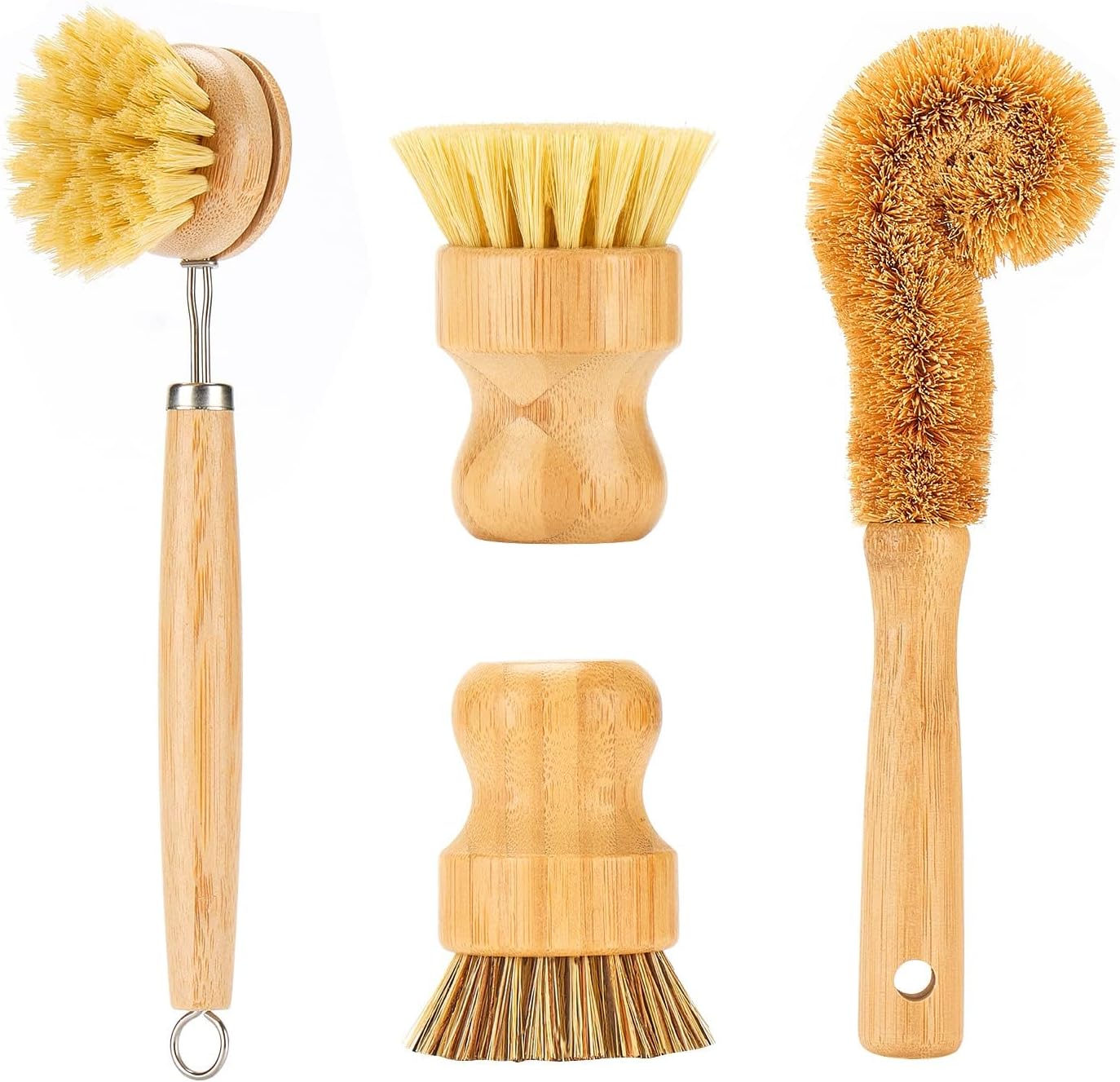 Bamboo Dish Brushes Sets 4 Tools in One Kitchen Clean Dish Scrubber for Pots Pans Bottles with Natural Bristles (Bamboo Brushes Sets)