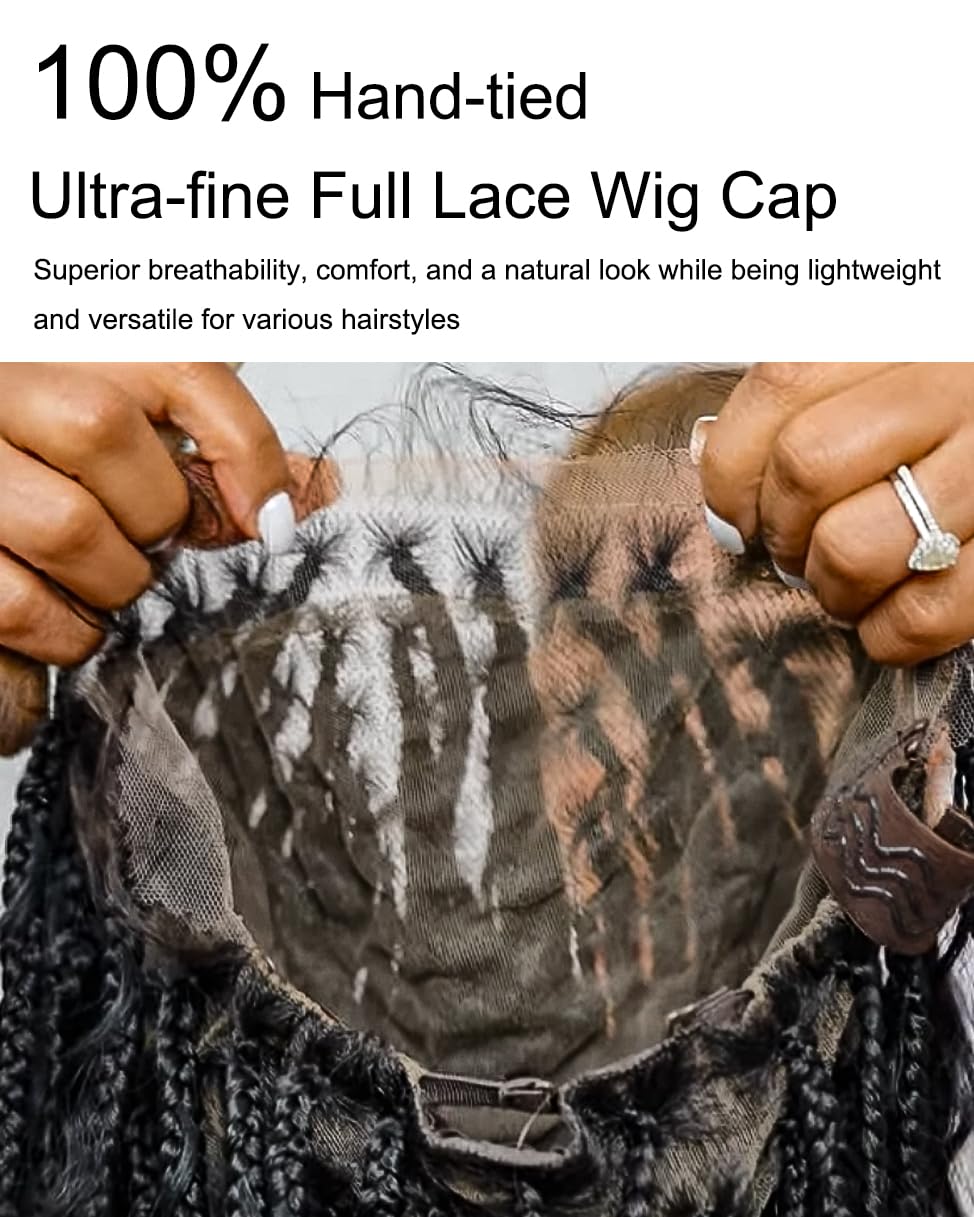 Human Hair Boho Curls Hand-Tied Full Lace Wig - 24" Small Box Braids (100 Braids, Full Version) Pre-Cut Swiss HD Lace, Lightweight, Pre-Plucked, Knotless, Tangle-Free Braided Wig | Black 1B - Image 10