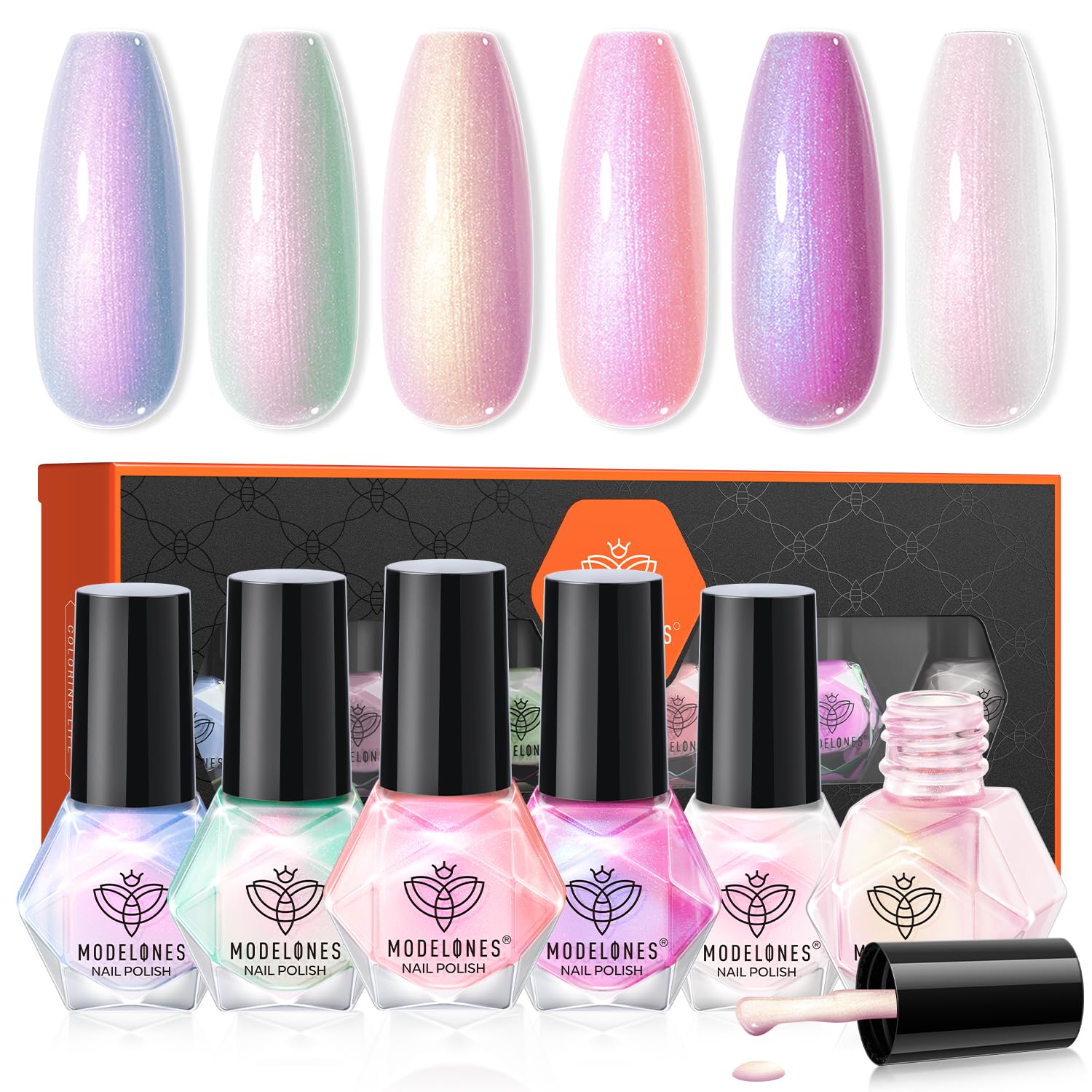 modelones Nail Polish Set, 6 Colors Summer Chrome Shimmer Pearl White Pink Mermaid Purple Quick Dry Nail Polish Kit Fingernail Polish 2025 Manicure DIY Salon Home Gifts for Women Girl