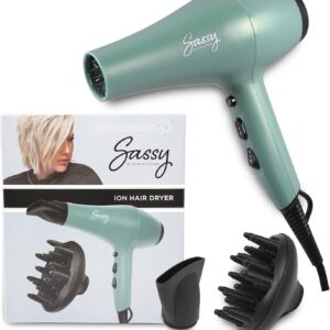 Sassy Ceramic Ion Hair Dryer, 1875-Watt Salon Dryer with Concentrator and Diffuser, Multiple Heat Settings and Cool Shot (Aqua)