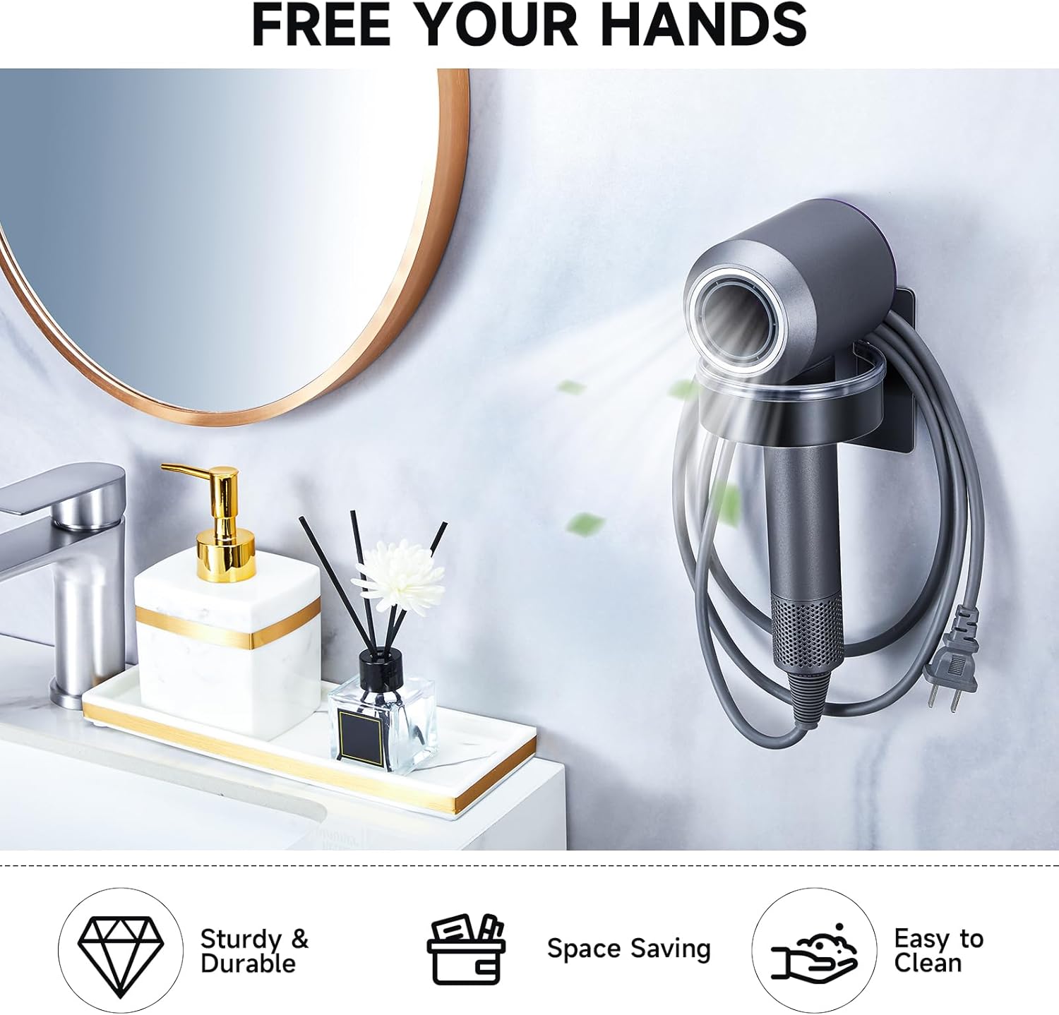 Hair Dryer Holder, Black Blow Dryer Holder Wall Mounted, Hairdryer Holder for Bathroom, Adhesive Hair Tool Organizer for Hair Dryer Storage Organizer, Stainless Steel Hair Dryer Hanger - Image 7