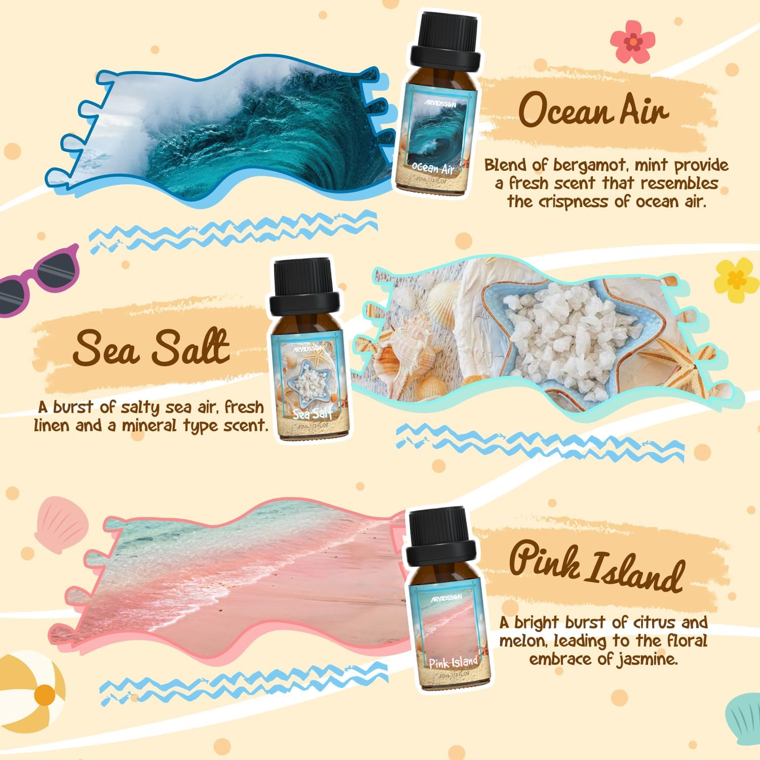 Beach Fragrance Oils Set, ARVIDSSON Summer Essential Oils for Diffuser - Beachy Breeze, Ocean Air, Pina Colada, Pink Sand, Sea Salt, Island Time, Tropical Scented Oil - Image 3