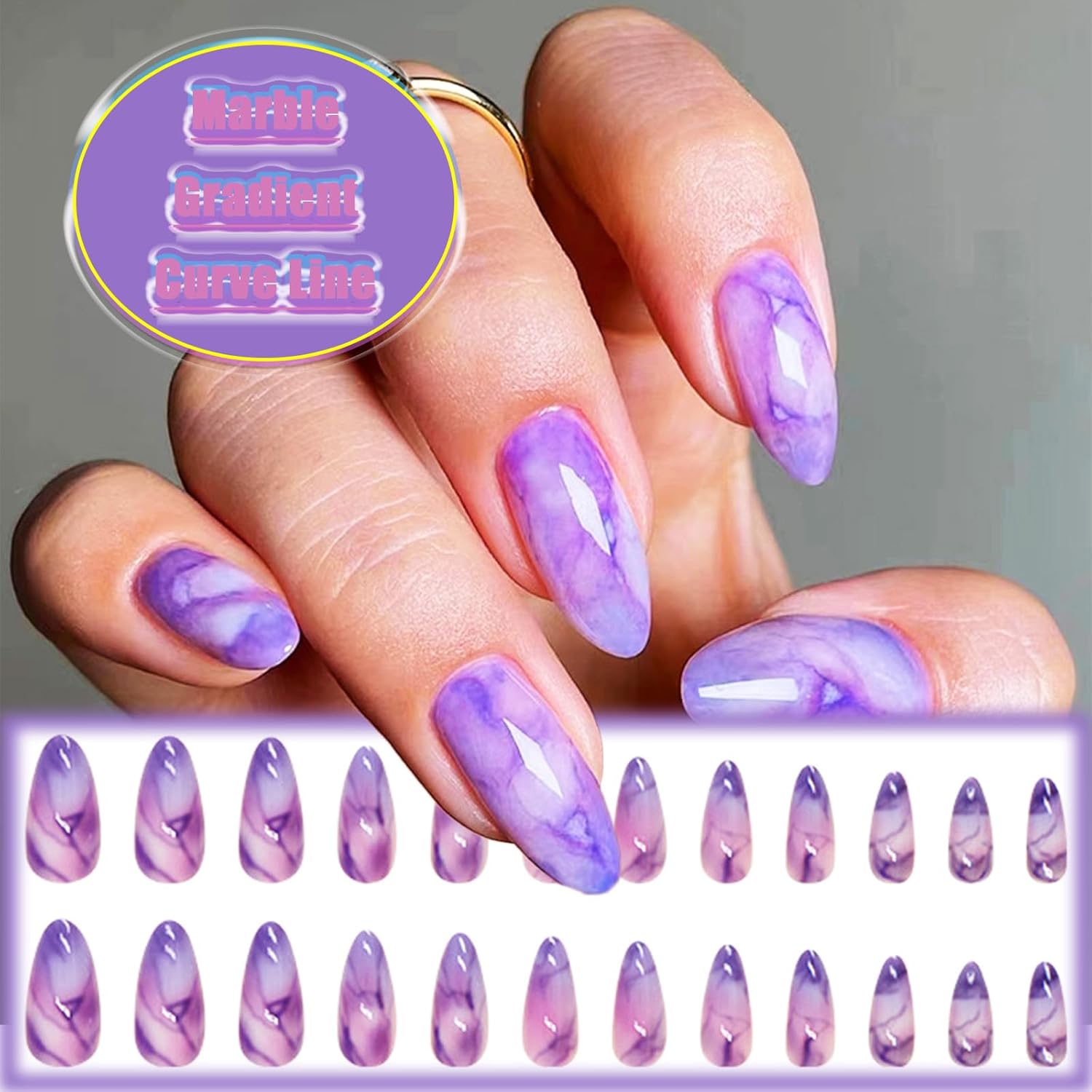 24Pcs Marble Press On Nails with Ombre Design, Gradient Manicure Art Acrylic Medium Almond Fake Nails, Stick On Glossy Purple Gradient Full Cover False Nails Gel Glue On Nails for Women and Girls - Image 5