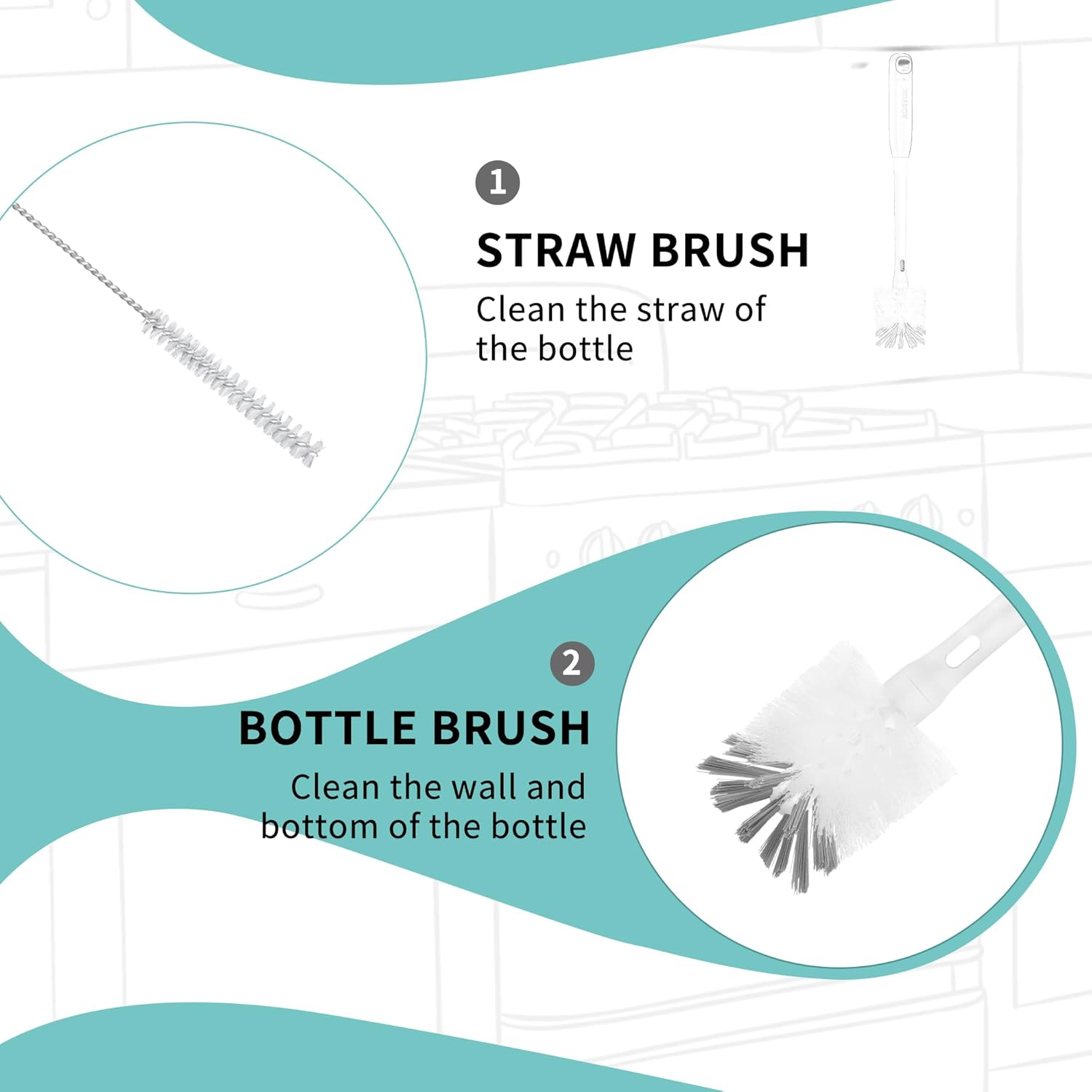 2 in 1 Long Handle Bottle Brush with Straw Brush for Cleaning Glass, Sports Bottle, Coffee Mug,1 Pack - Image 6
