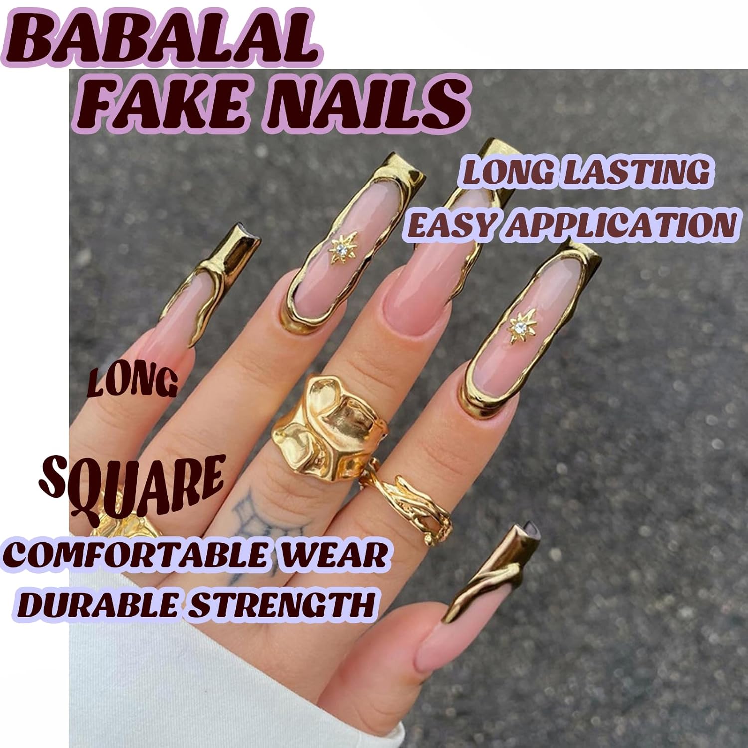 BABALAL Nails Press on Long Square Fake Nails Gold Glue on Nails 3D Texture Chrome Acrylic Nails Y2k Star Stick on Nails 24Pcs Manicure False Nails Handmade Artificial Nails - Image 2
