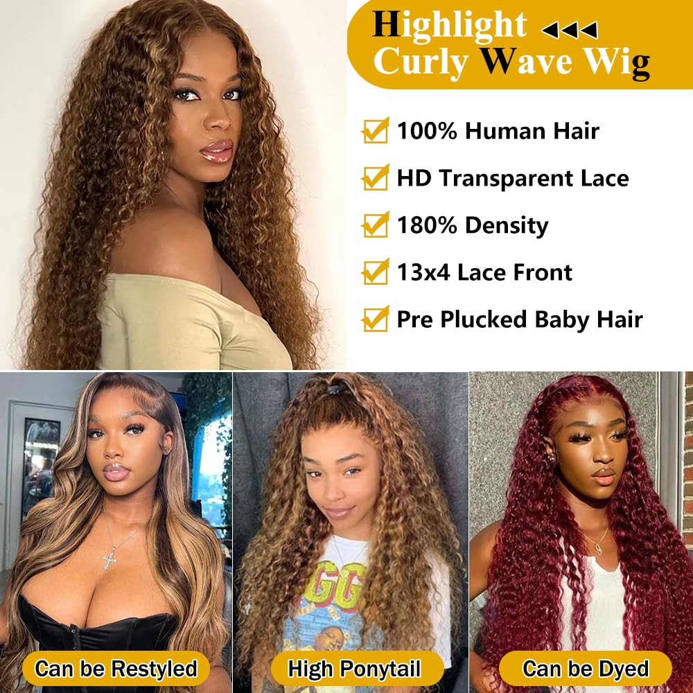 Honey Blonde Curly Wig Human Hair 13x4 HD Highlight Ombre Deep Wave Lace Front Wigs Human Hair Pre Plucked 180% Density 4/27 Glueless Colored Wigs for Women Wet and Wavy Lace Front Wigs 26 Inch - Image 3