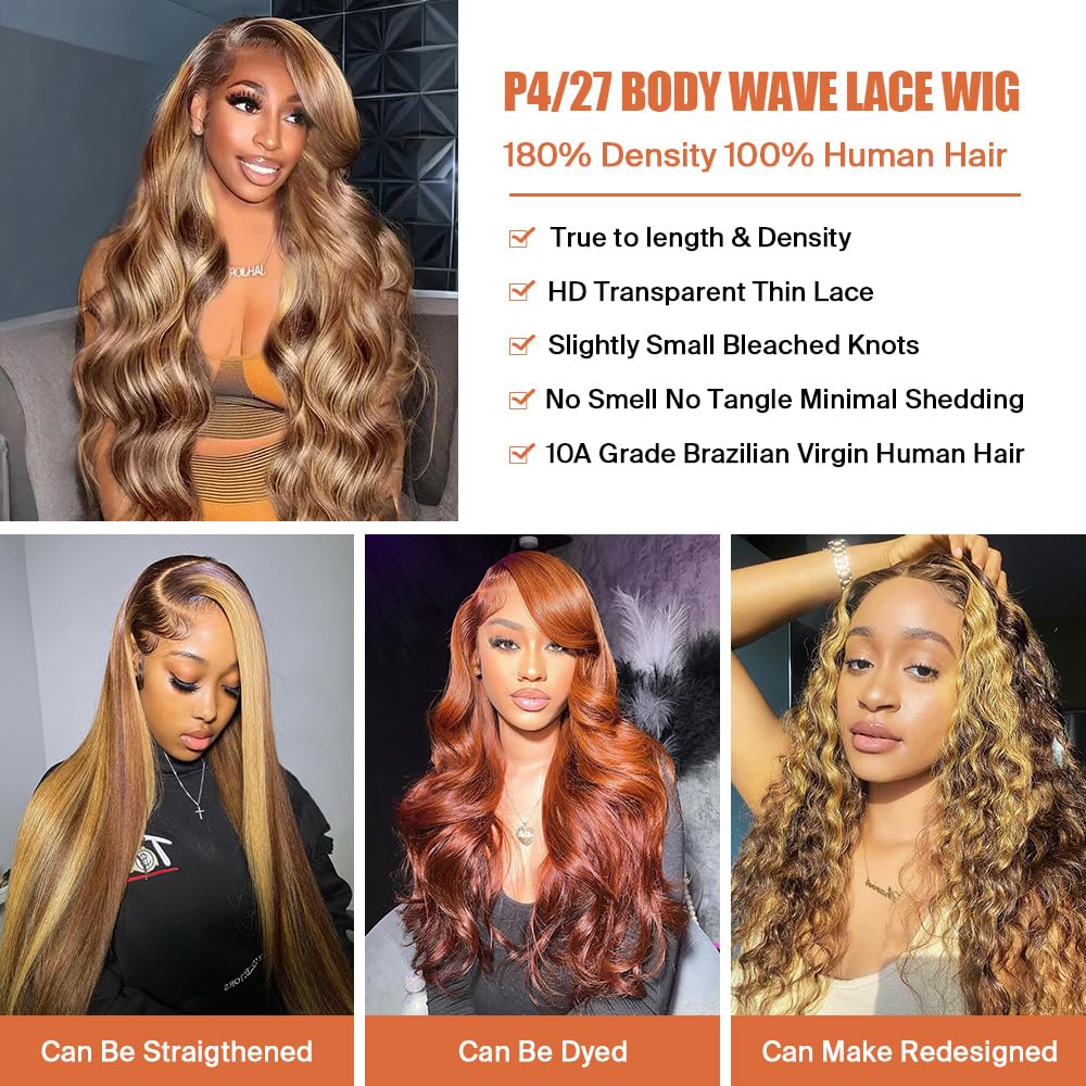 Ombre Lace Front Wig Human Hair 26Inch Highlight Wig Human Hair 13x4 HD Transparent Body Wave 180% Density Honey Blonde Human Hair Wigs for Women Pre Plucked - Image 5