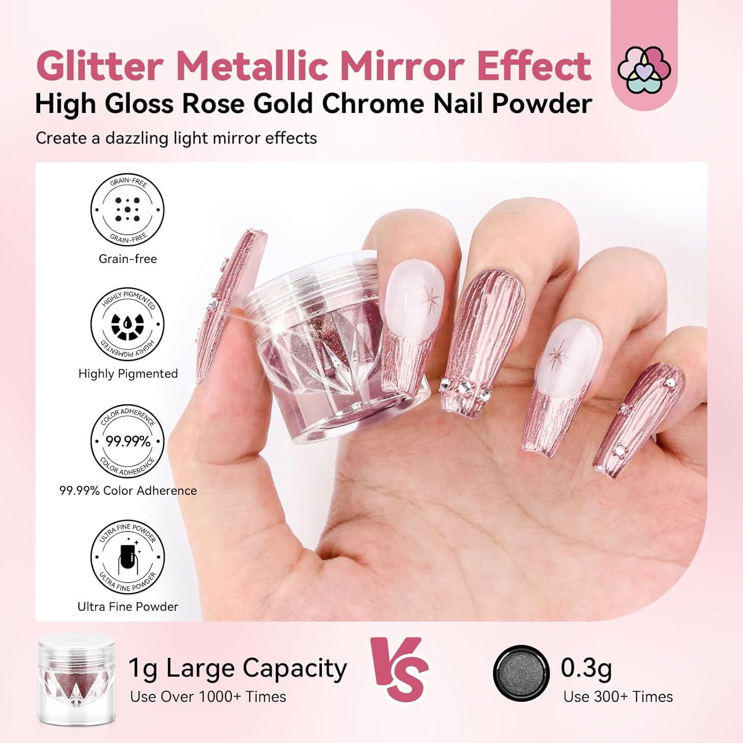 SAVILAND Rose Gold Chrome Nail Powder - 1g Metallic Mirror Effect Rose Gold Chrome Powder for Nails, Professional Gel Polish Chrome Powder Nail Glitter Manicure Pigment for Nail Art Design Home DIY - Image 3