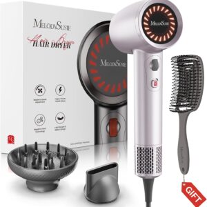 MelodySusie Hair Dryer with Diffuser,1600W Powerful Ionic Blow Dryer with Diffuser,Nozzle and Hair Brush,3 Temps & Stepless Speed,120000 RPM Fast Drying Low Noise Hairdryer,Ideal for Women Curly