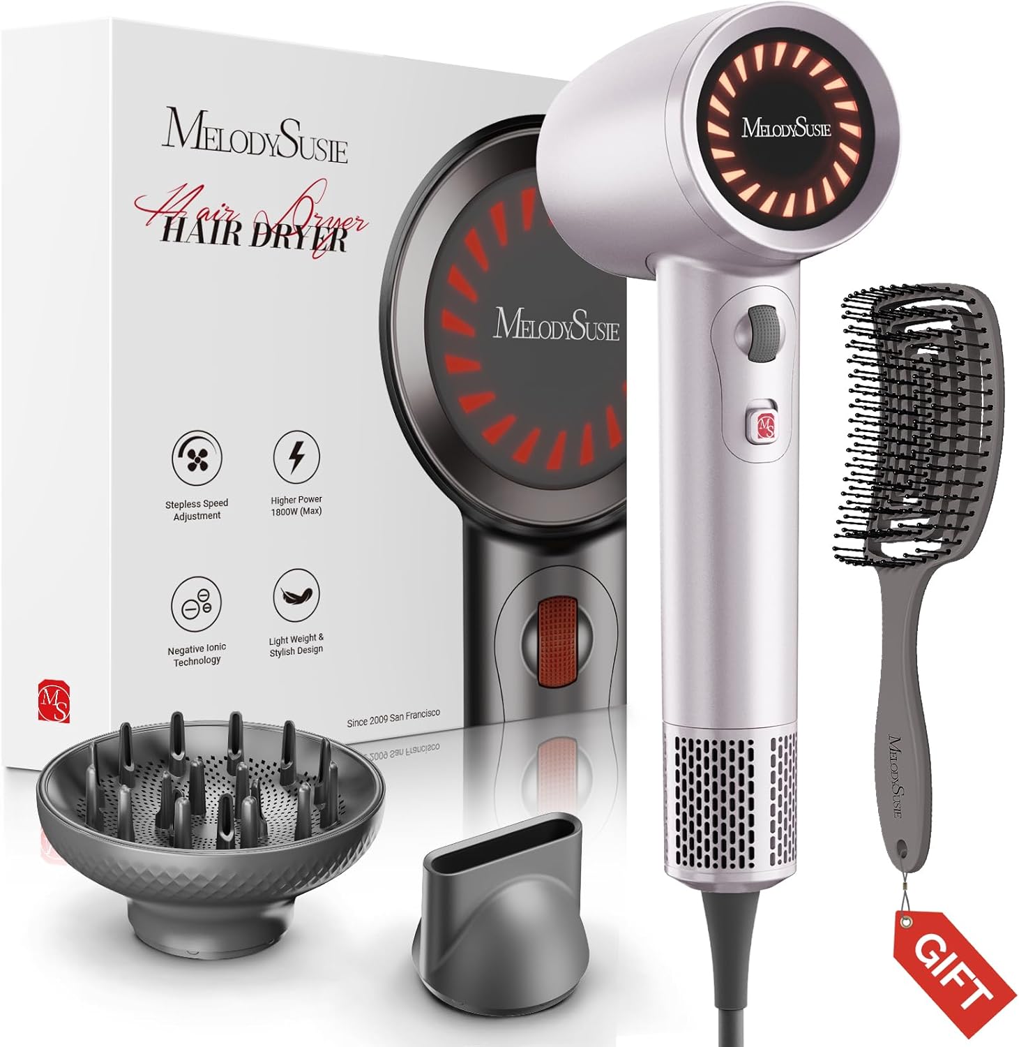 MelodySusie Hair Dryer with Diffuser,1600W Powerful Ionic Blow Dryer with Diffuser,Nozzle and Hair Brush,3 Temps & Stepless Speed,120000 RPM Fast Drying Low Noise Hairdryer,Ideal for Women Curly