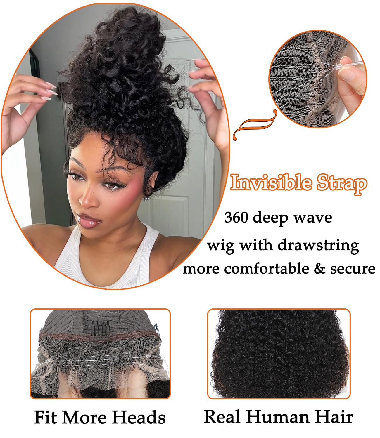 ONICE 360 Drawstring Lace Front Wigs Human Hair Pre Plucked Invisible Strap Deep Wave Glueless Full Lace Human Hair Wigs With Drawstring Hidden Strap 360 Curly Wig For Black Women (20 Inch) - Image 3