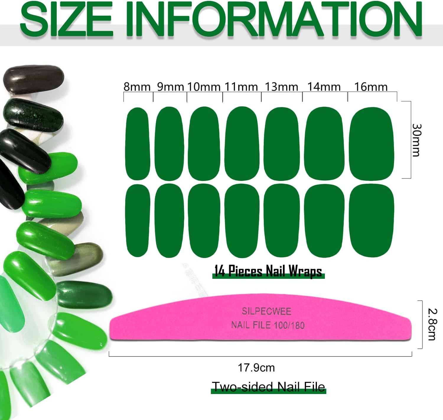 SILPECWEE 12 Sheets Green Nail Polish Stickers Full Wraps Bright Solid Color Gel Strips Self Adhesive Fingernail Sticker for Women With Nail File - Image 7