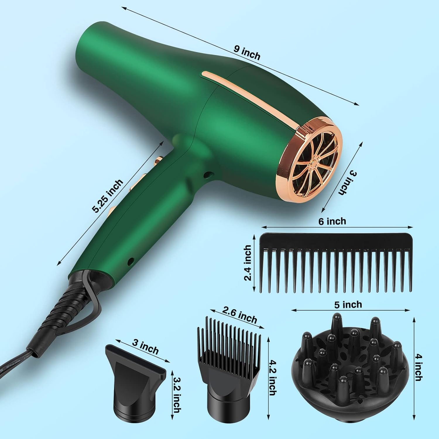 2000 Watt Negative Ionic Hair Dryer, Professional Salon Blow Dryer, Low Noise Fast Drying & Powerful AC Motor and Diffuser Comb for Men Women,3 Heat & 2 Speed Settings, Easy to Use- Green - Image 3