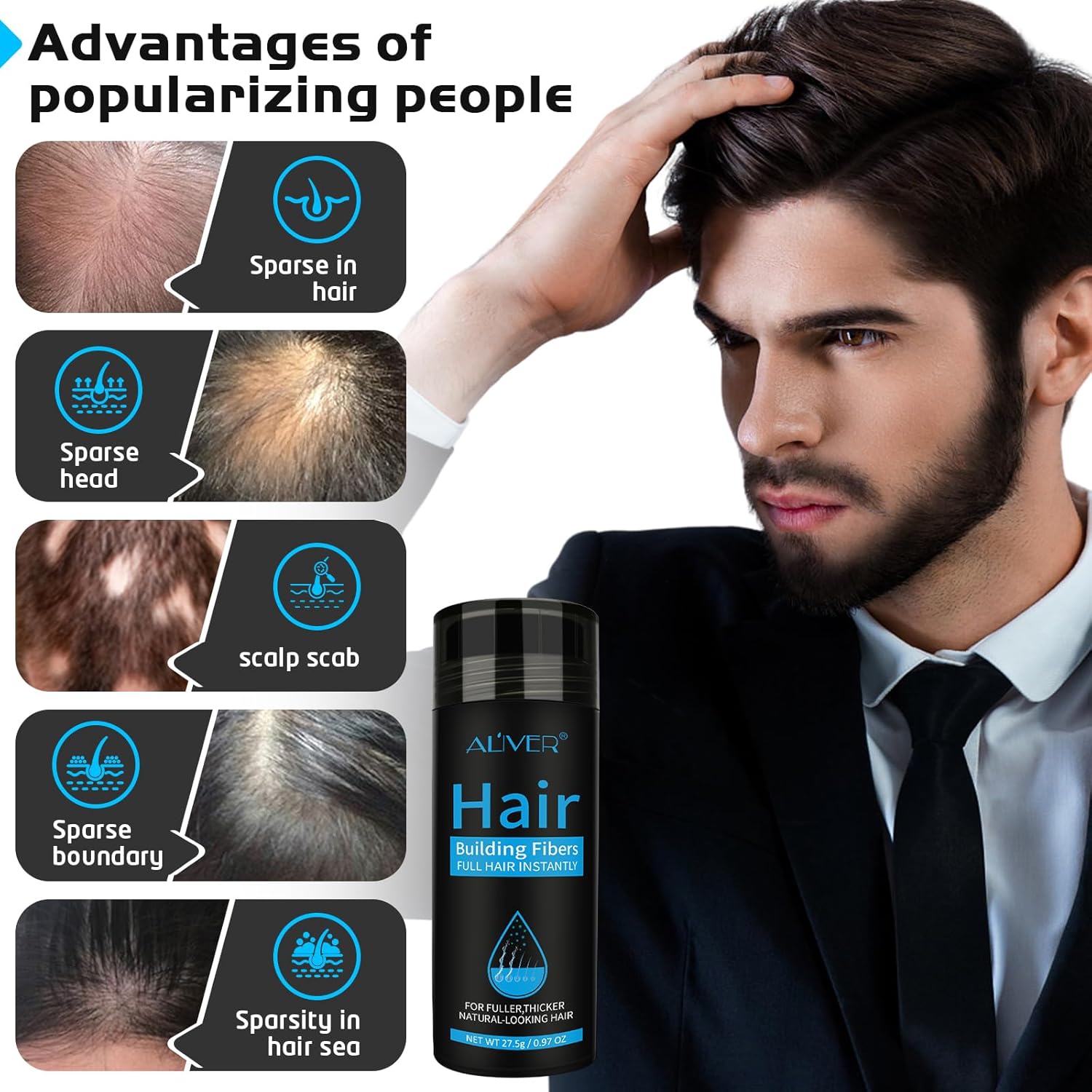 ALIVER Hair Fibers for Thinning Hair for Women & Men, Extra Spray Applicator, Black, 27.5 Gr Hair Powder Bald Spot Cover Up, Instantly Hair Filler, Undetected & Natural - Image 2